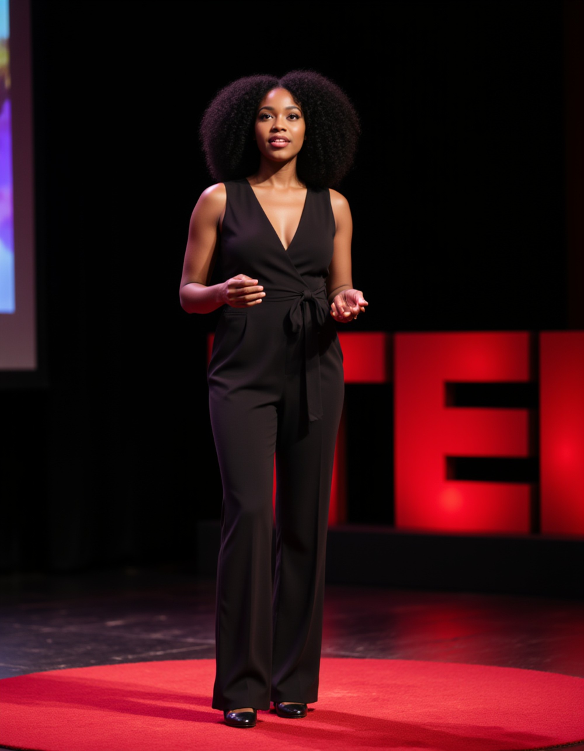 model as a TEDx keynote speaker in a chic black jumpsuit, delivering a powerful talk on a TEDx stage with a red rug and vibrant digital visuals