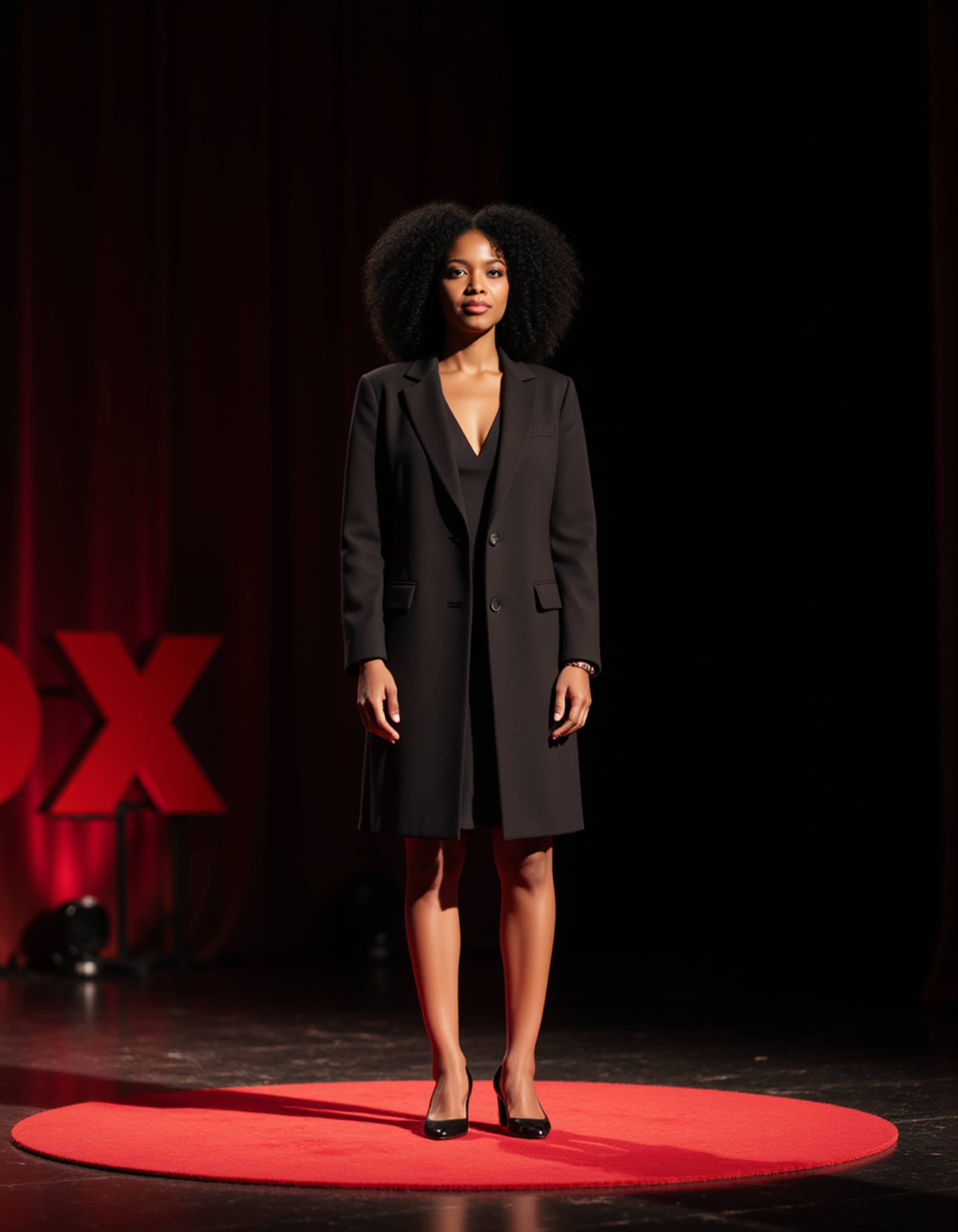 model as a TEDx keynote speaker in a tailored coat and dress, inspiring the crowd on a TEDx stage with elegant decor and a thought-provoking slide