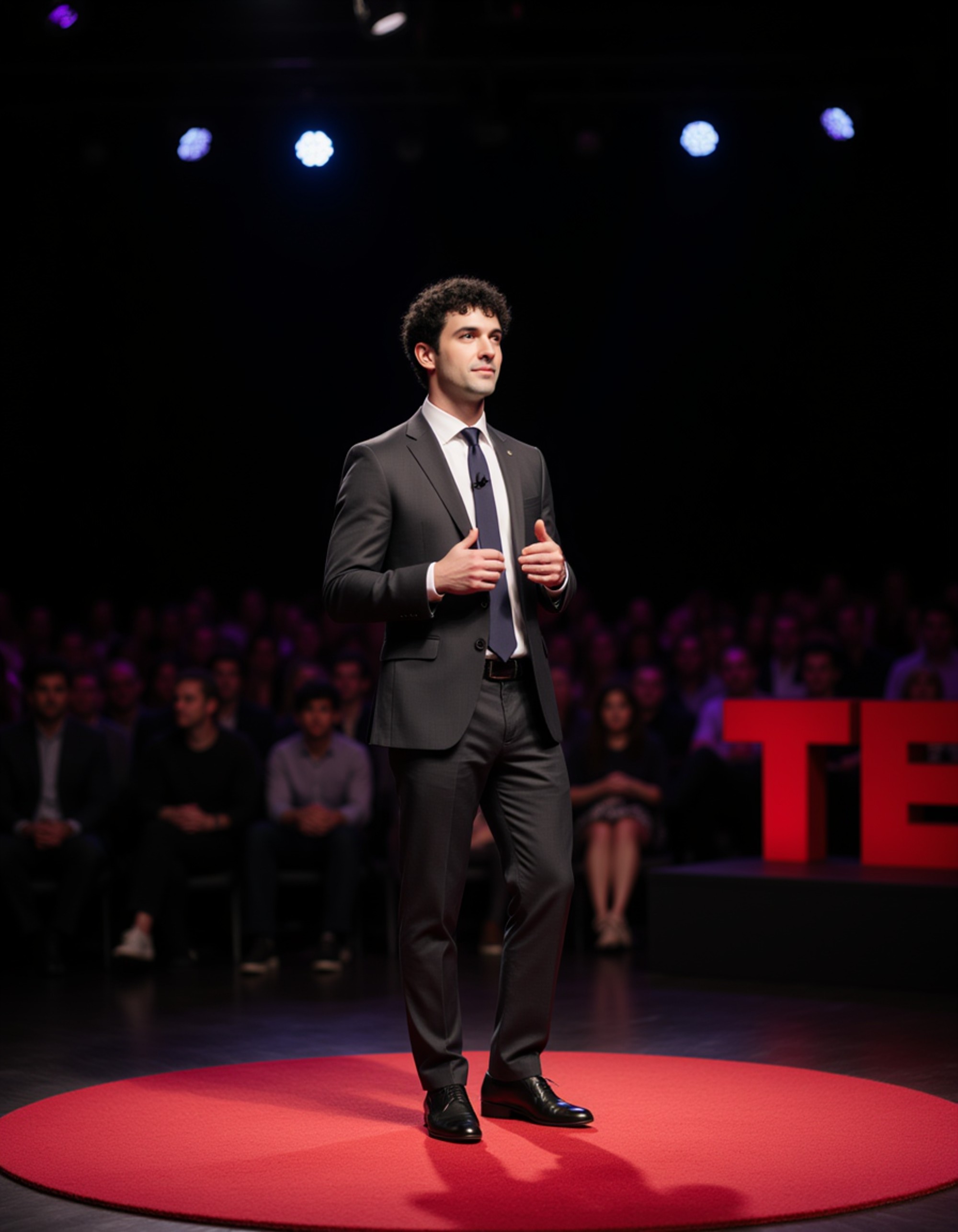 model as a TEDx keynote speaker in a tailored charcoal suit and tie, standing confidently on a red circular TEDx stage with vibrant lighting and an inspired audience