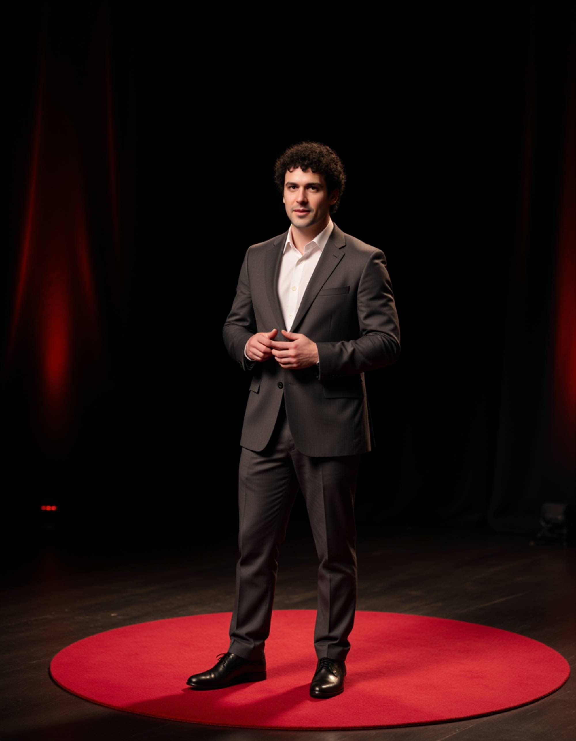 model as a TEDx keynote speaker in a fitted gray suit, engaging the audience on a TEDx stage with warm spotlights and a minimalist red rug backdrop