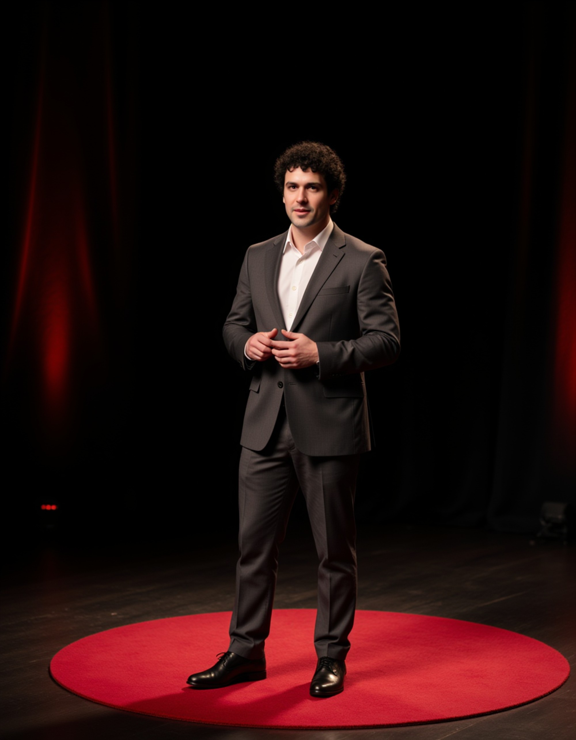 model as a TEDx keynote speaker in a fitted gray suit, engaging the audience on a TEDx stage with warm spotlights and a minimalist red rug backdrop