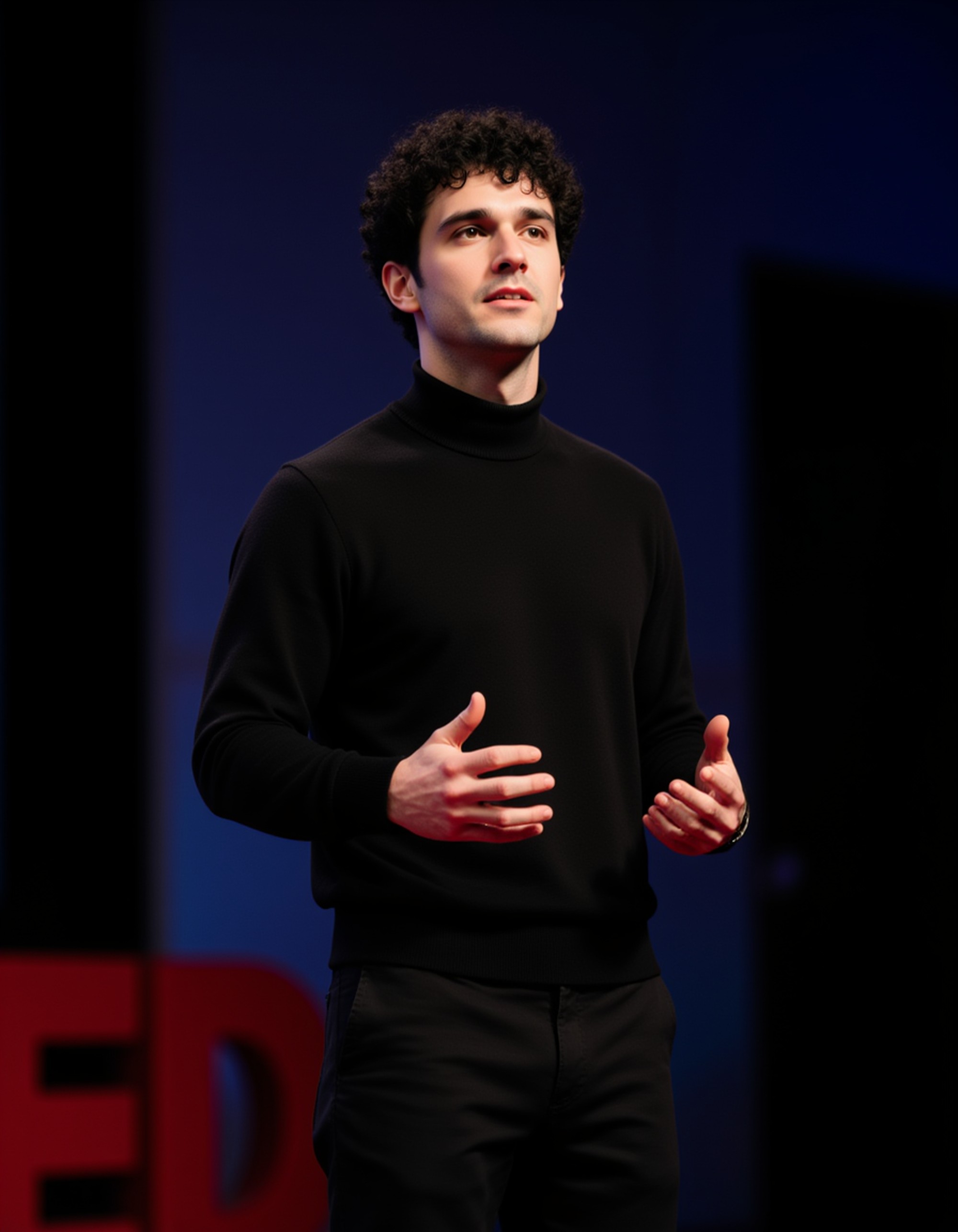 model as a TEDx keynote speaker in a sharp black turtleneck and trousers, delivering a compelling talk on a TEDx stage with dynamic digital visuals