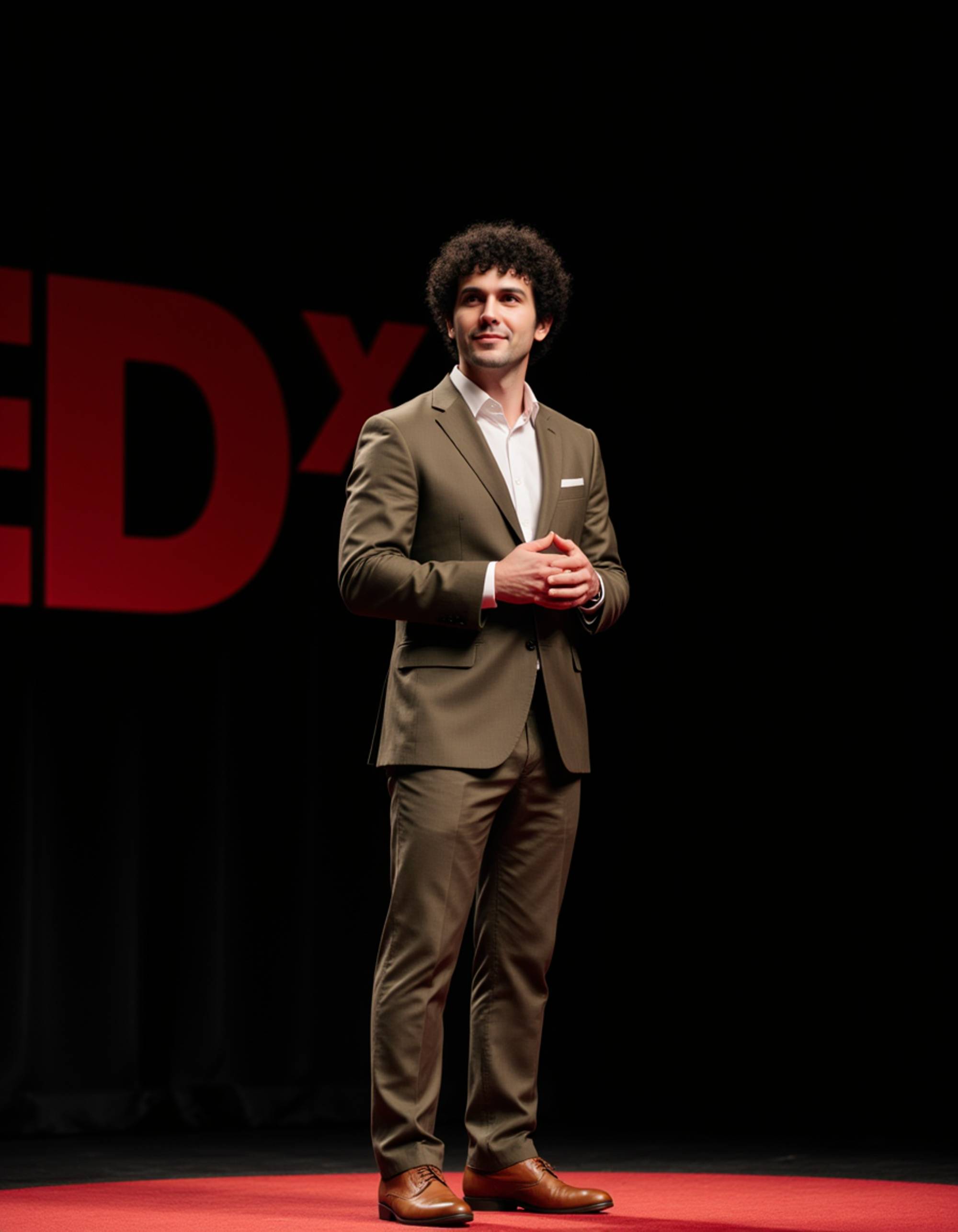 model as a TEDx keynote speaker in a stylish olive suit, inspiring the crowd on a TEDx stage with modern decor and a thought-provoking slide display