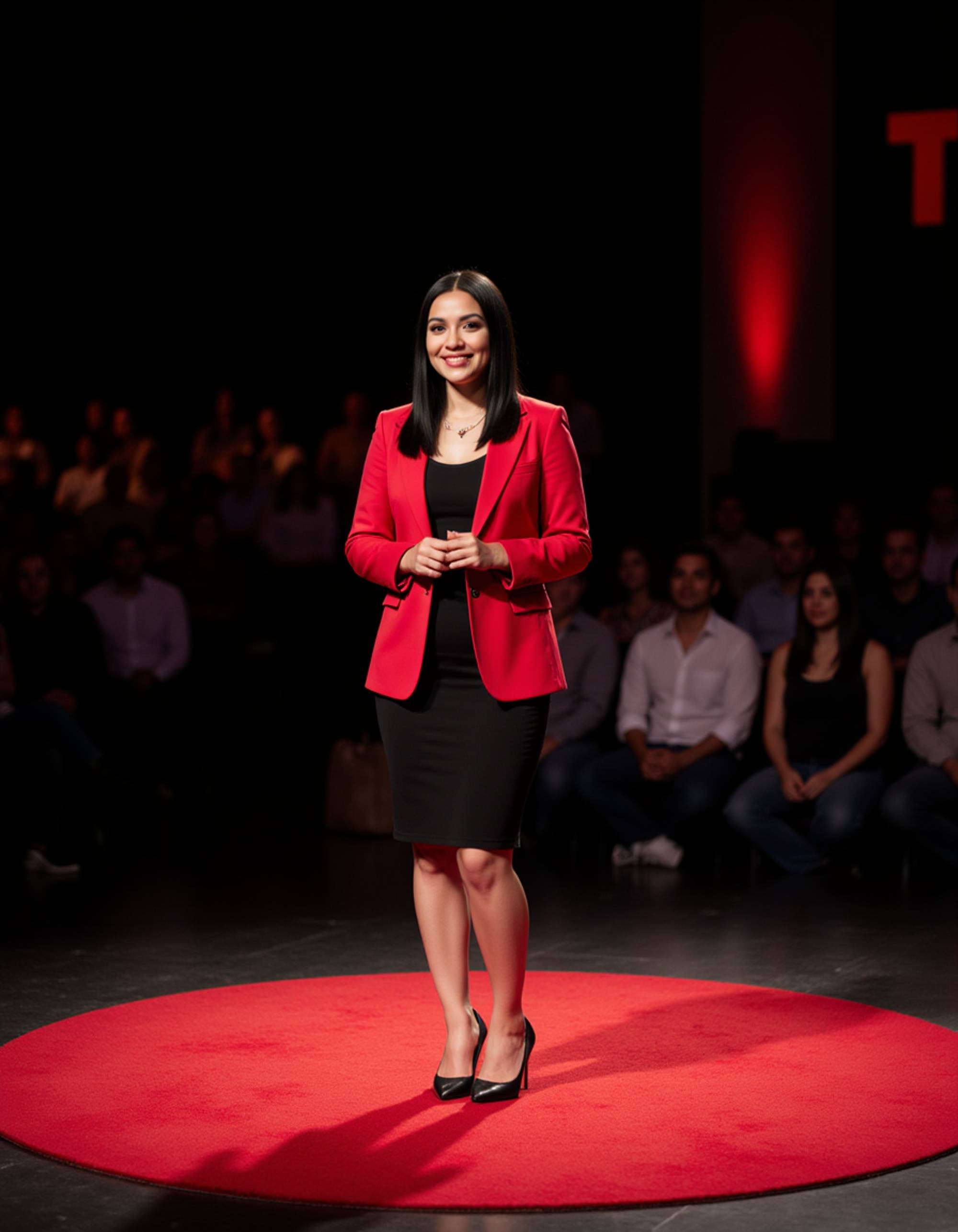 model as a TEDx keynote speaker in a tailored red blazer and black dress, standing confidently on a red circular TEDx stage with dynamic lighting and an engaged audience