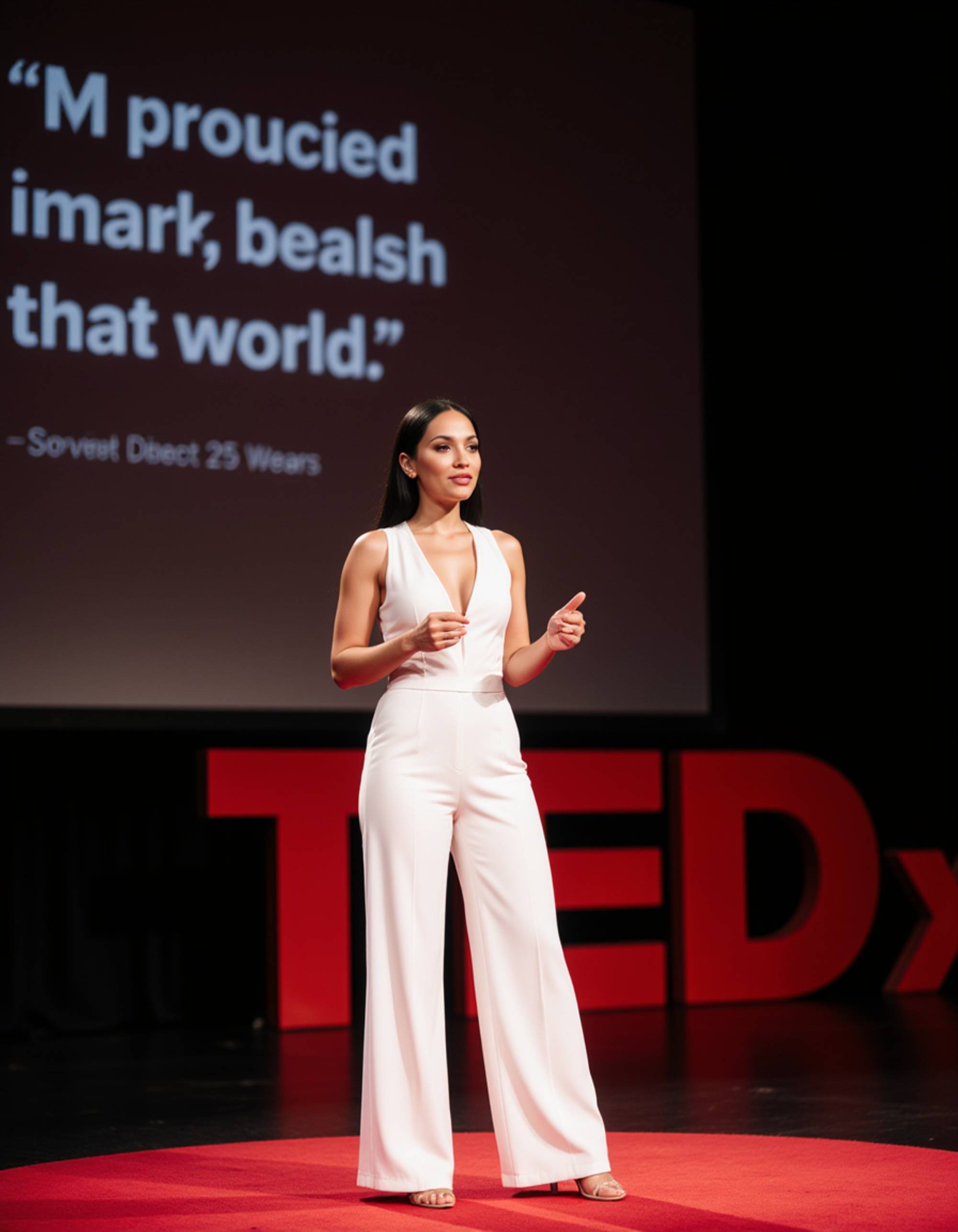 model as a TEDx keynote speaker in a sleek white jumpsuit, presenting passionately on a TEDx stage with a bold motivational quote projected behind