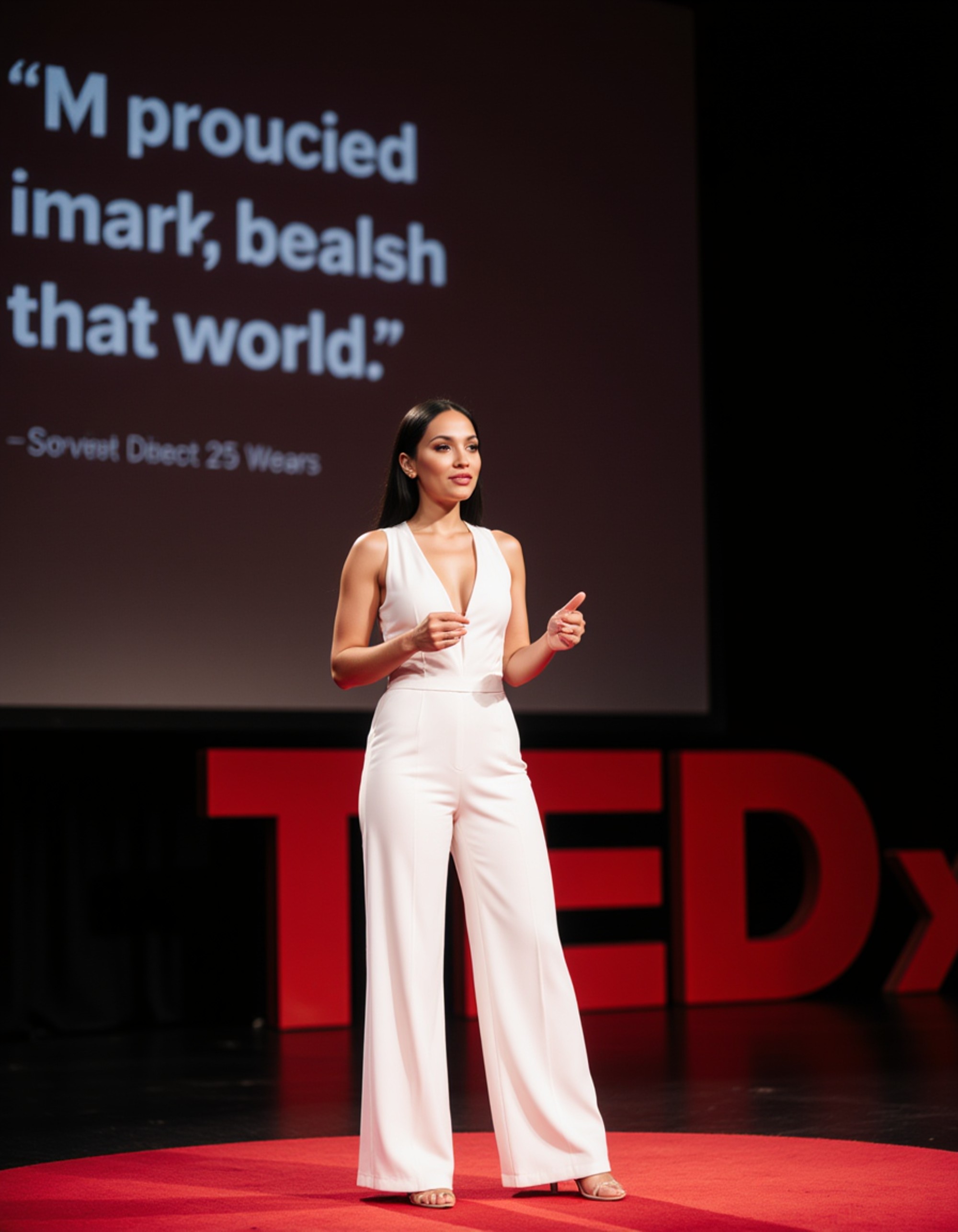 model as a TEDx keynote speaker in a sleek white jumpsuit, presenting passionately on a TEDx stage with a bold motivational quote projected behind