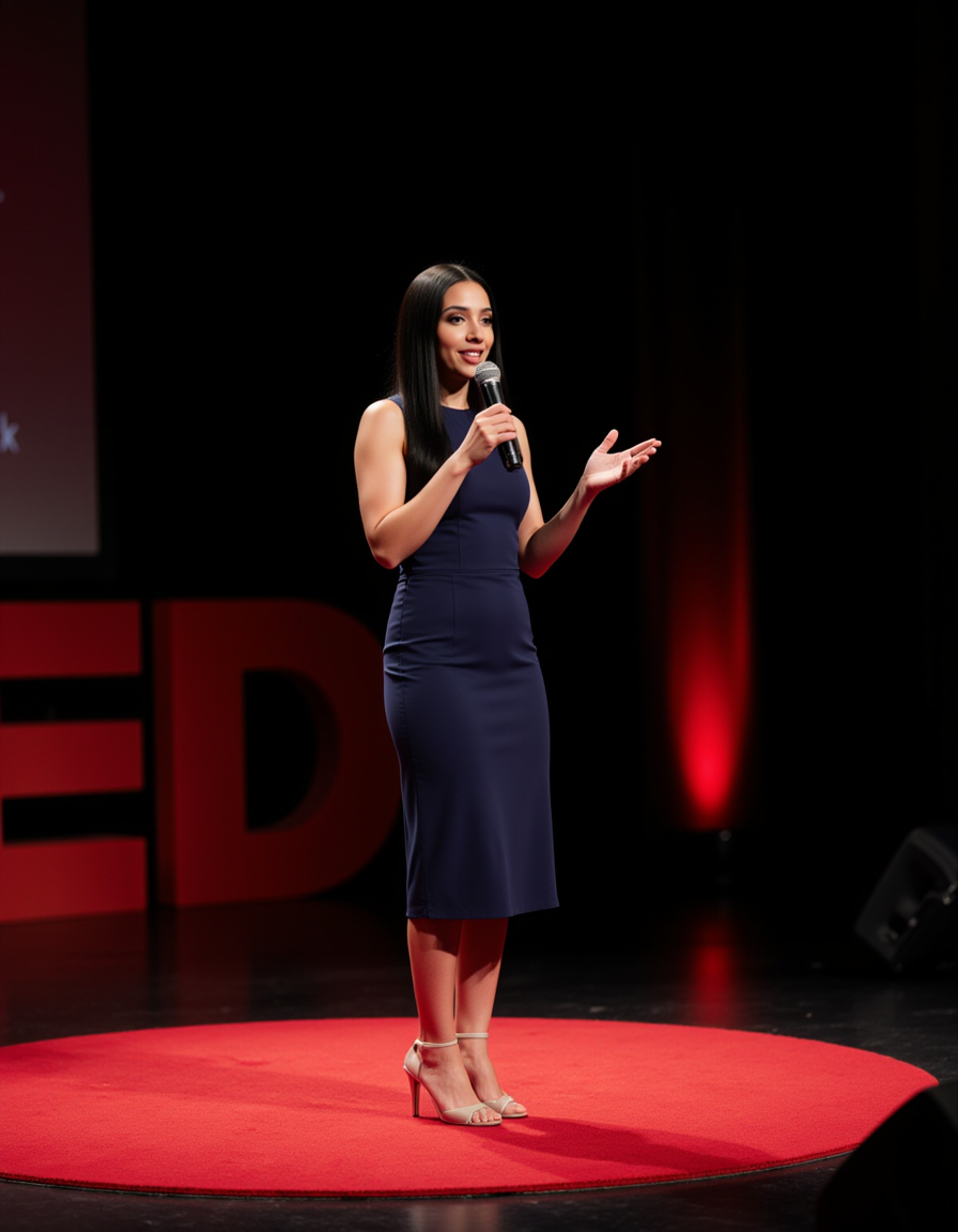 model as a TEDx keynote speaker in a chic navy midi dress, engaging the audience on a TEDx stage with warm spotlights and a minimalist red rug backdrop