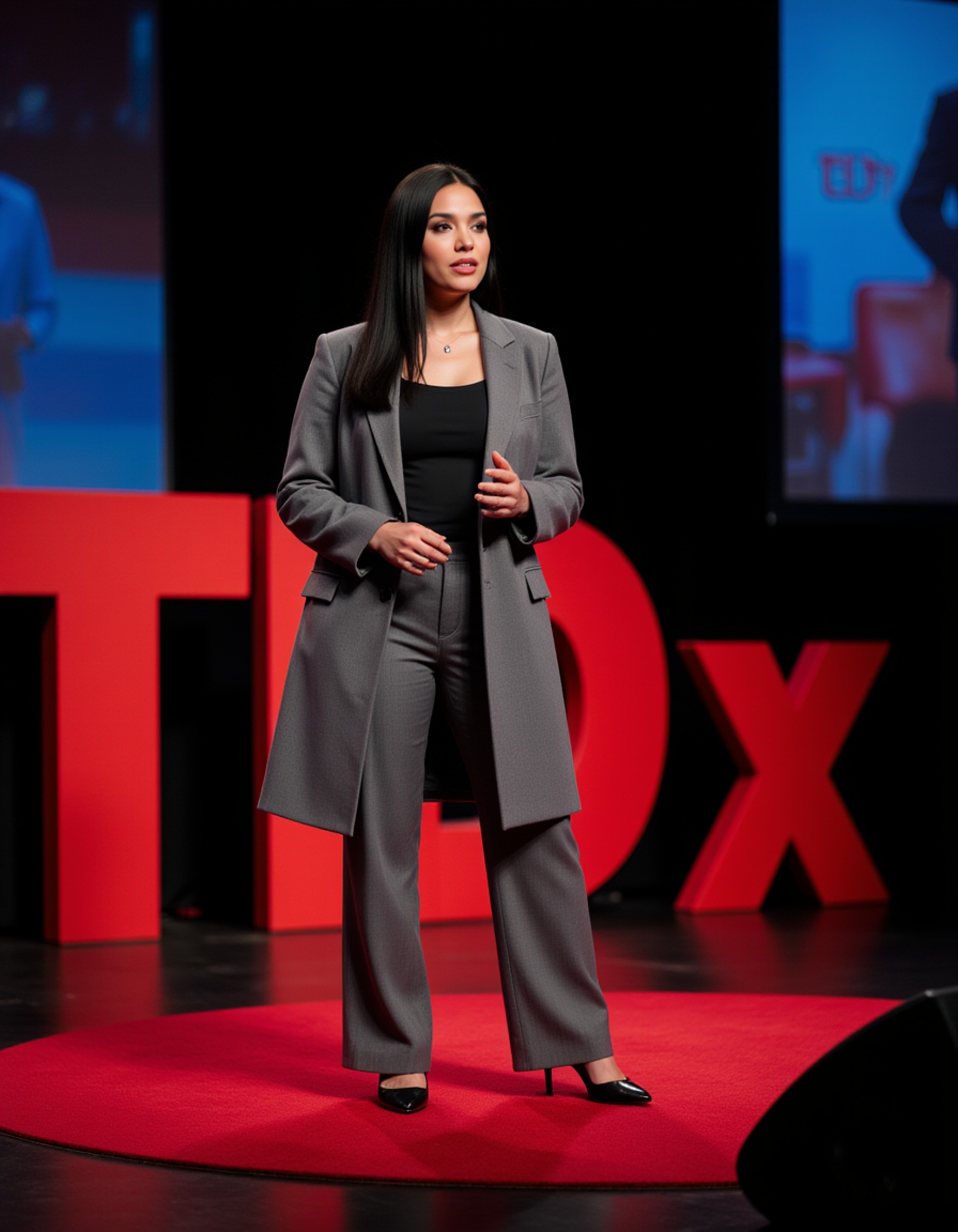 model as a TEDx keynote speaker in a stylish gray coat and trousers, delivering a powerful talk on a TEDx stage with vibrant digital visuals