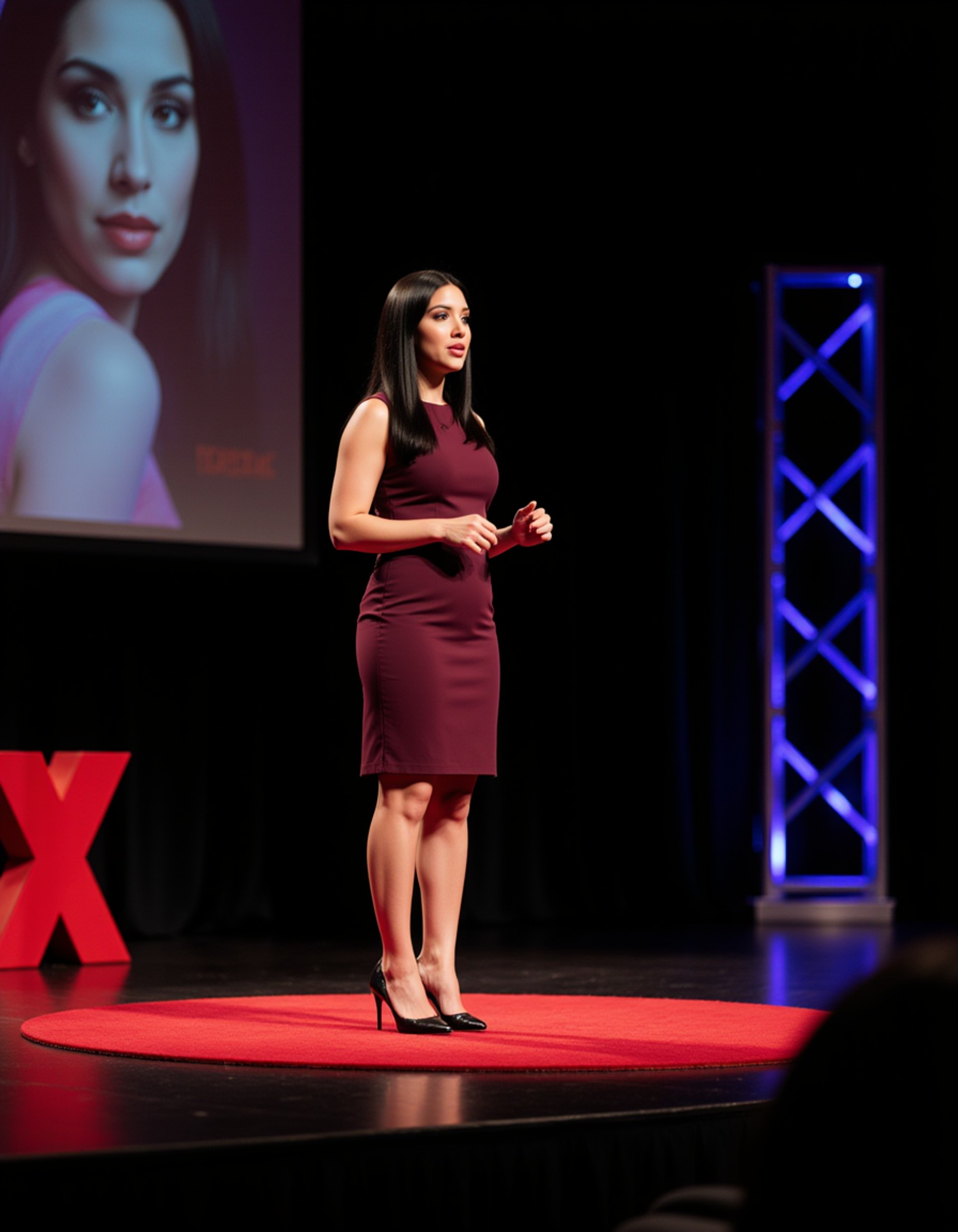 model as a TEDx keynote speaker in a tailored burgundy dress, inspiring the crowd on a TEDx stage with modern decor and an impactful slide display