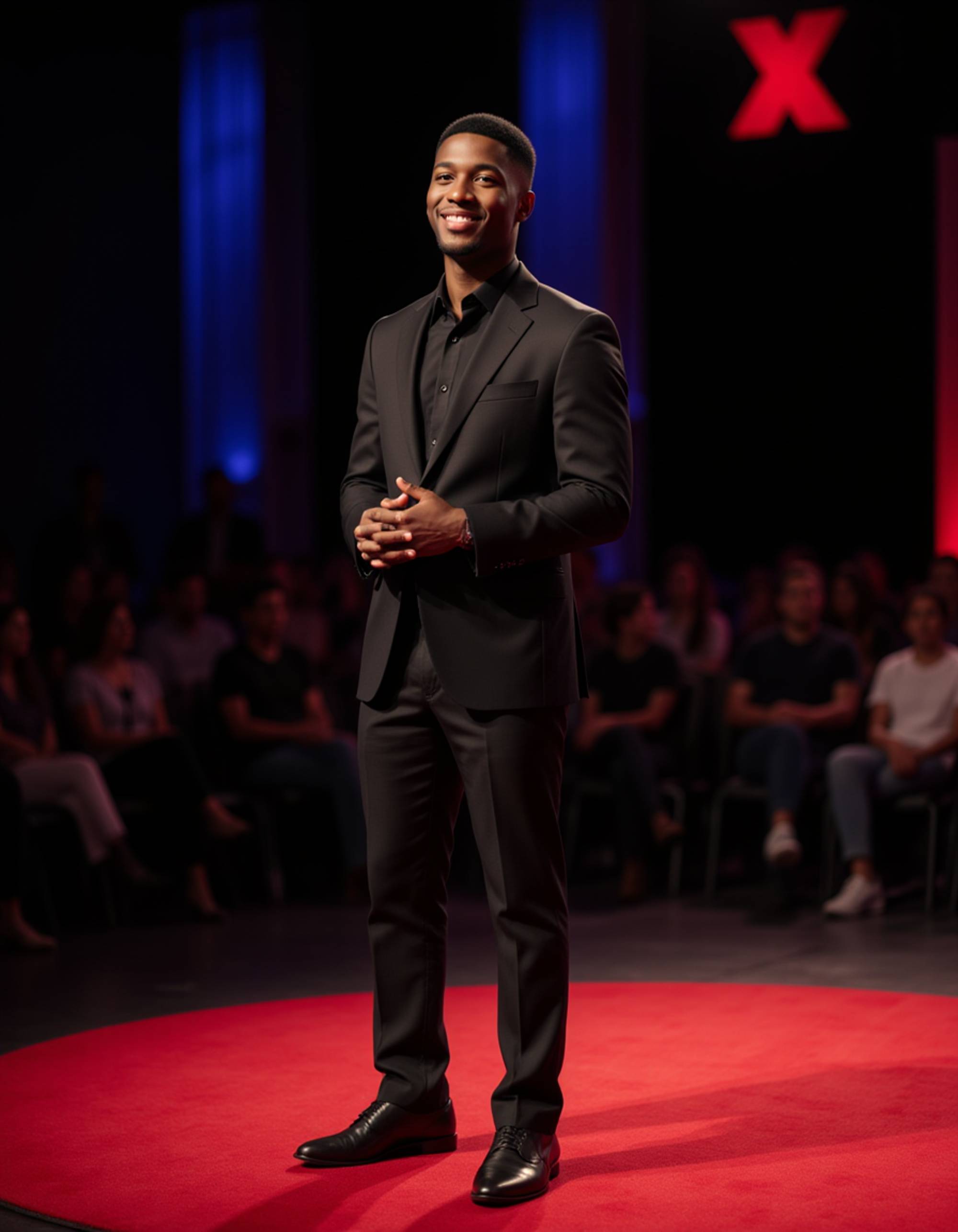 model as a TEDx keynote speaker in a tailored black suit and open-collared shirt, standing confidently on a red circular TEDx stage with vibrant lighting and an engaged audience