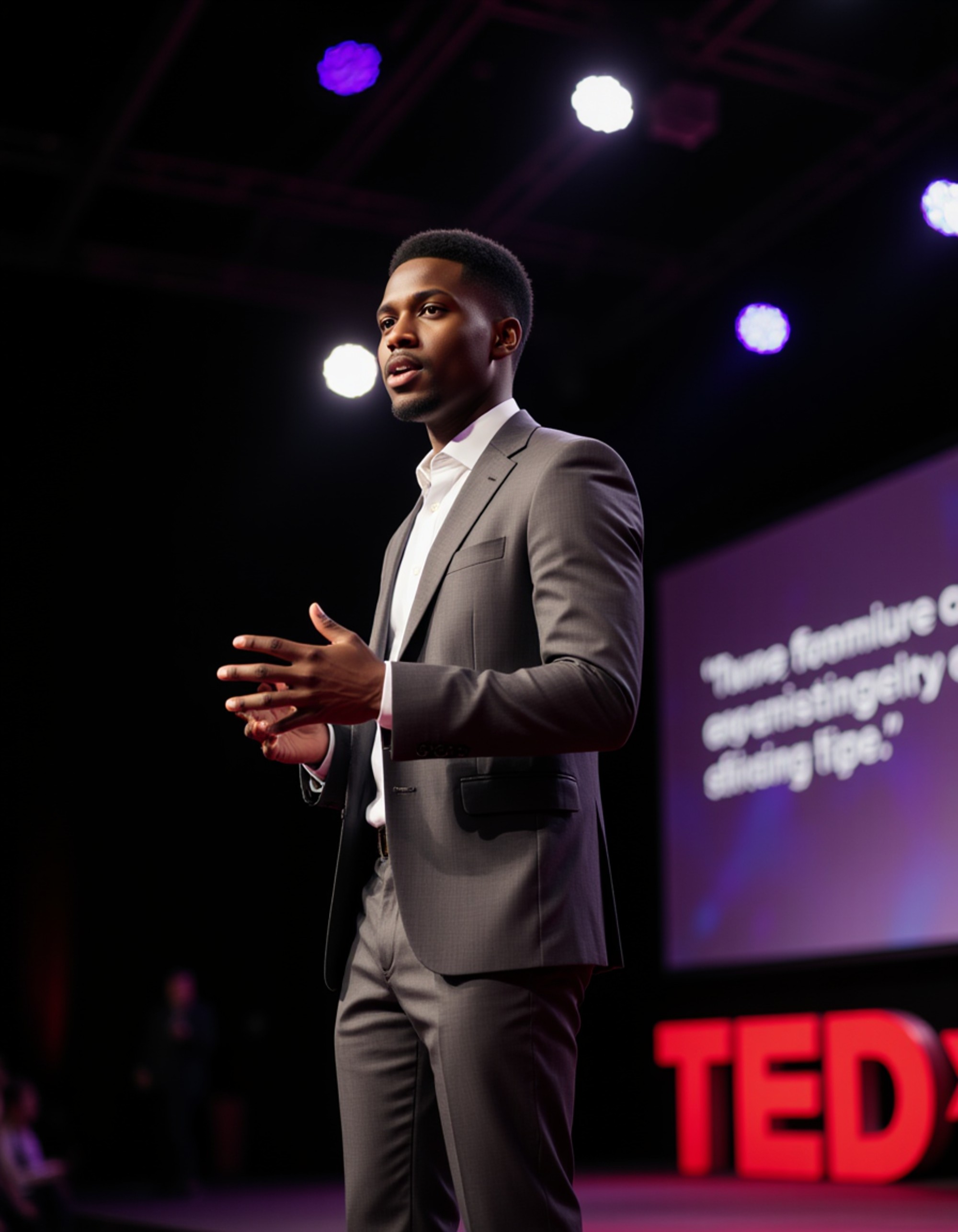 model as a TEDx keynote speaker in a sleek gray blazer and trousers, presenting passionately on a TEDx stage with a bold inspirational quote projected behind