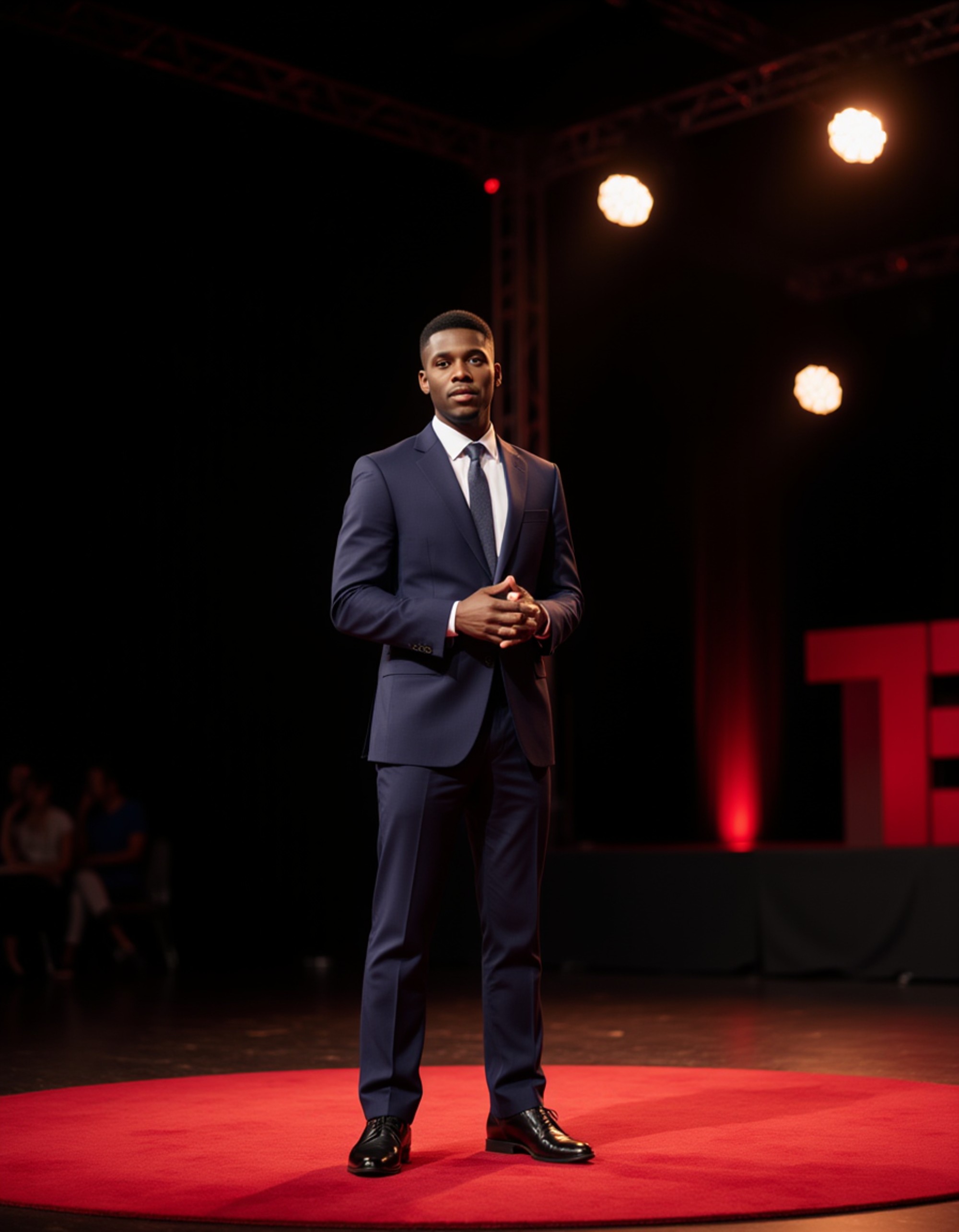 model as a TEDx keynote speaker in a fitted navy suit and tie, engaging the audience on a TEDx stage with warm spotlights and a minimalist red rug backdrop