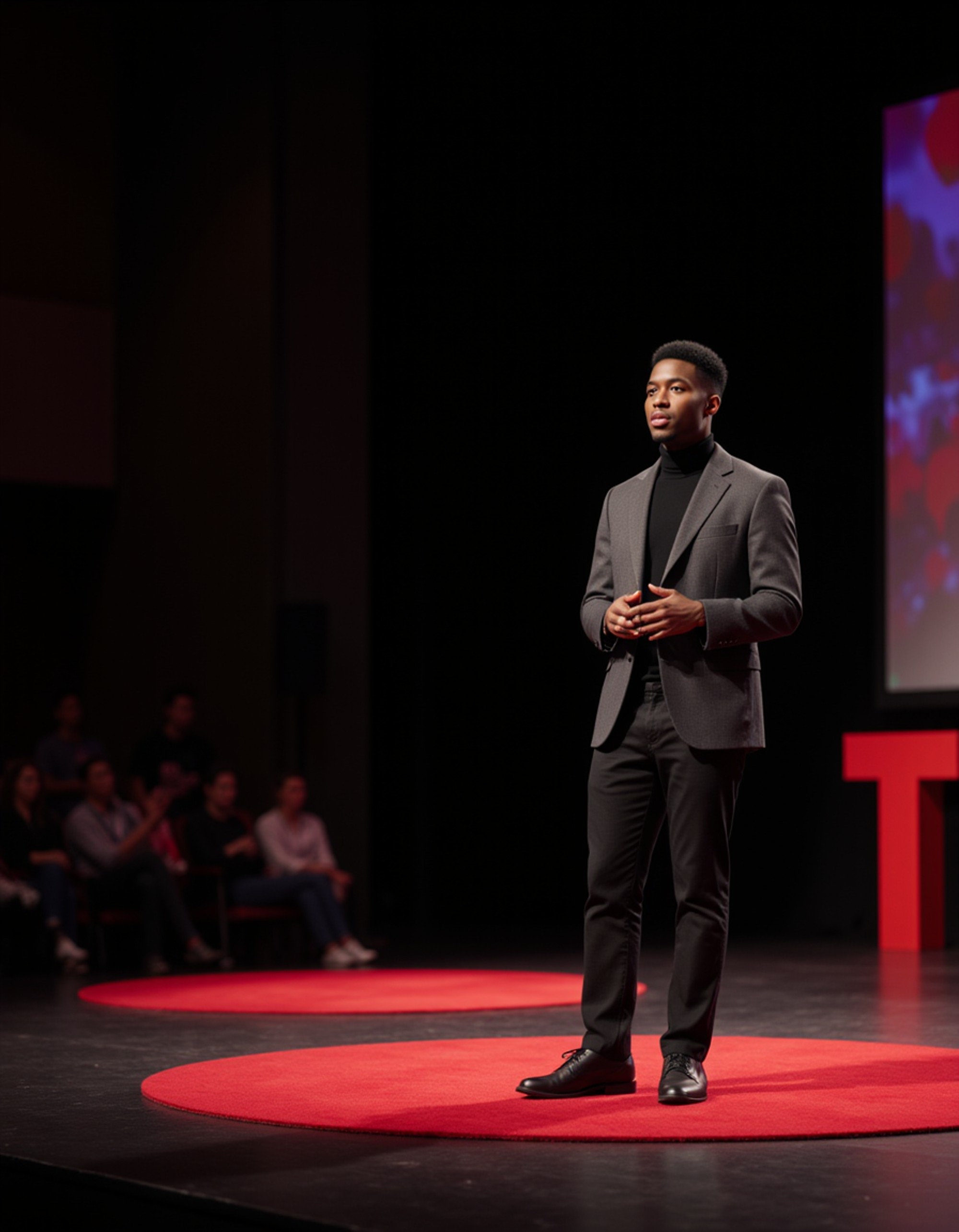 model as a TEDx keynote speaker in a stylish charcoal turtleneck and jacket, delivering a compelling talk on a TEDx stage with dynamic digital visuals