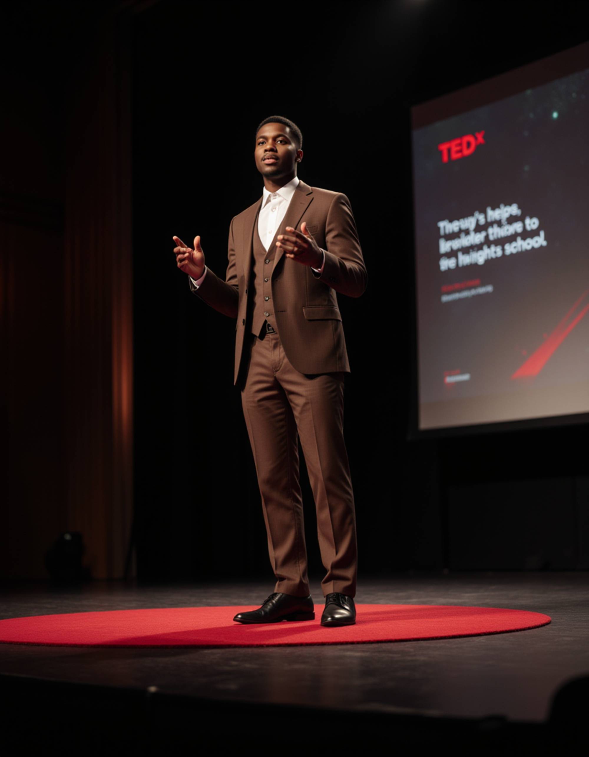 model as a TEDx keynote speaker in a tailored brown suit, inspiring the crowd on a TEDx stage with modern decor and a thought-provoking slide display