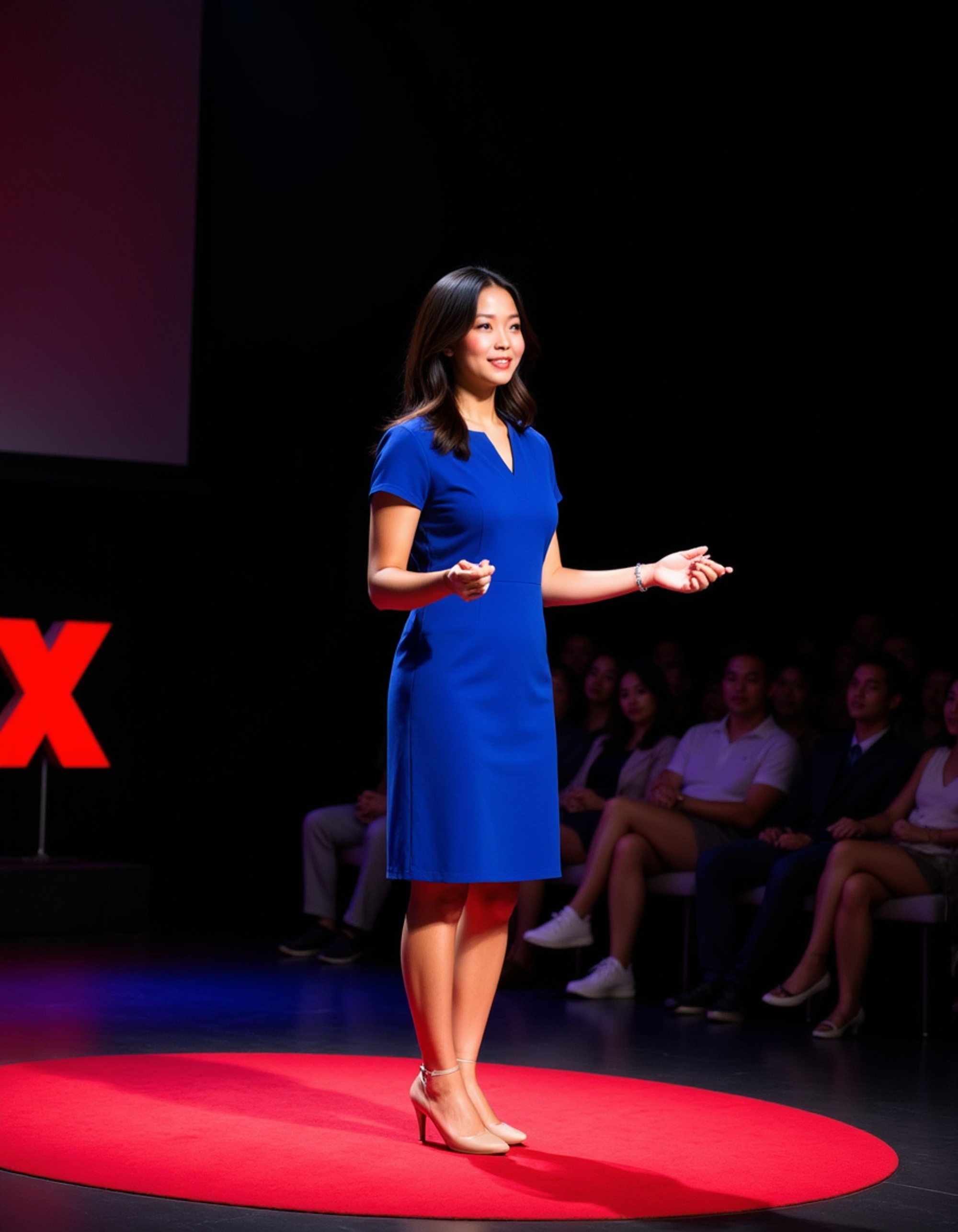 model as a TEDx keynote speaker in a tailored cobalt blue dress, standing confidently on a red circular TEDx stage with vibrant lighting and an engaged audience