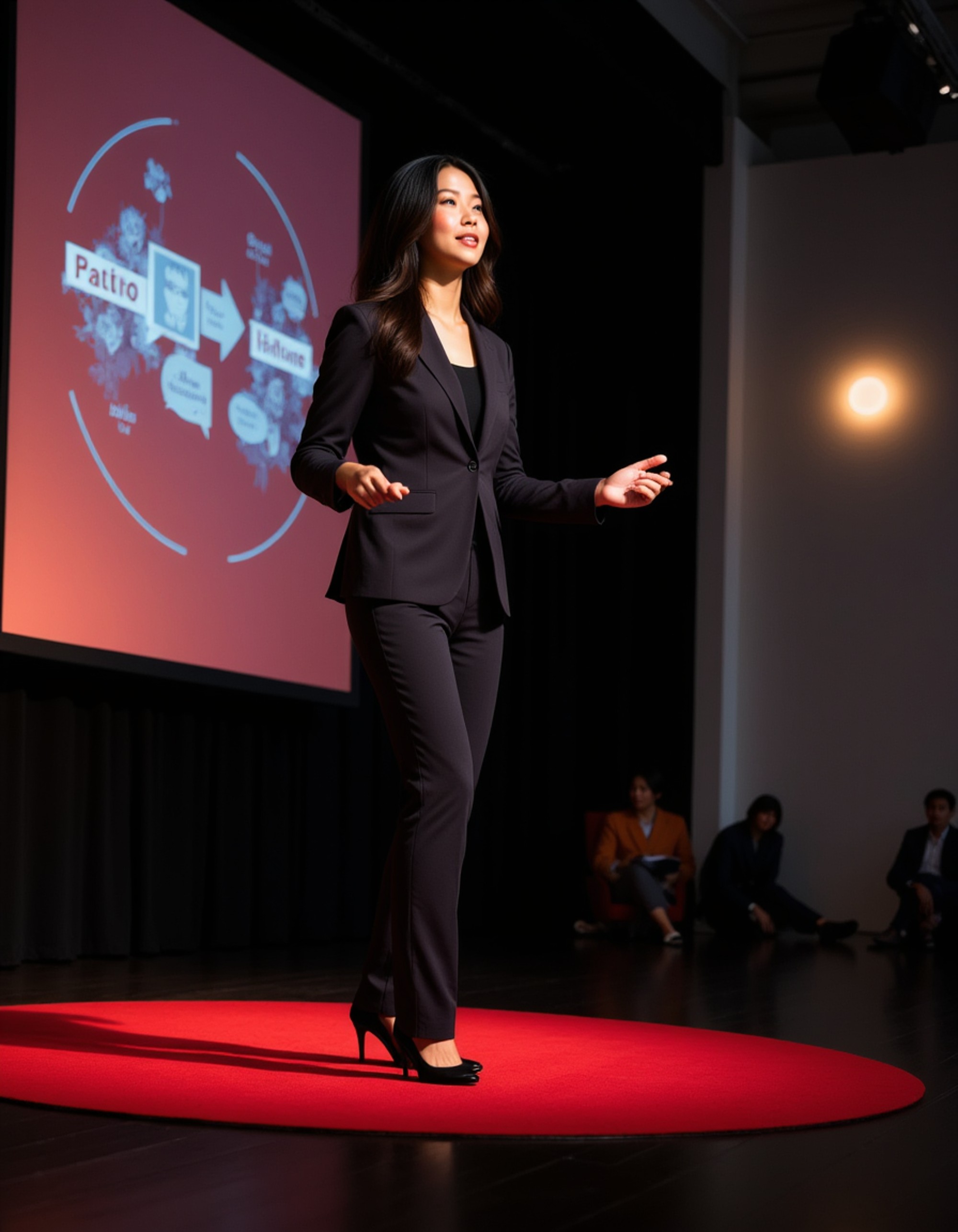 model as a TEDx keynote speaker in a sleek black pantsuit, presenting passionately on a TEDx stage with a bold idea graphic projected behind