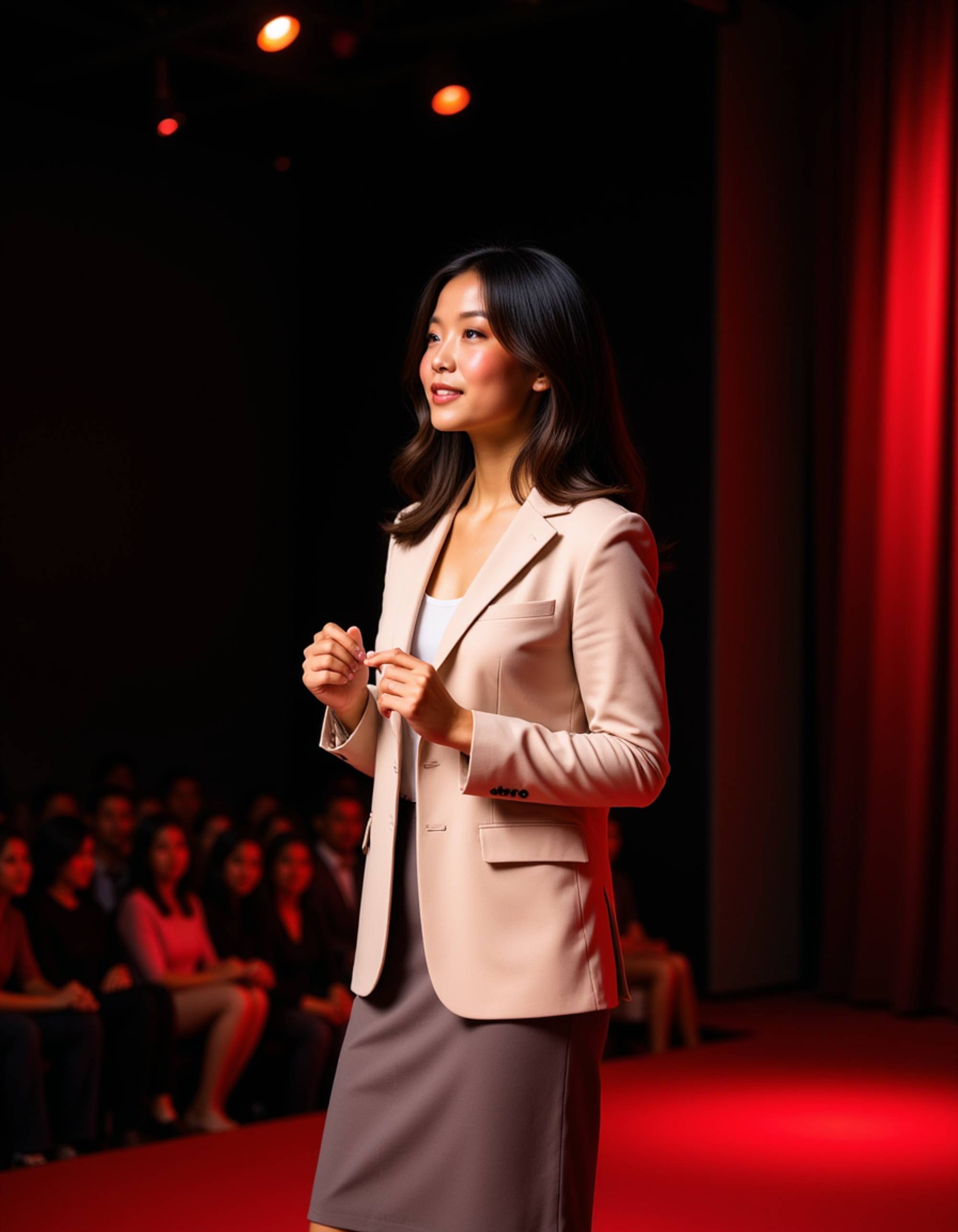model as a TEDx keynote speaker in a stylish cream blazer and skirt, engaging the audience on a TEDx stage with warm spotlights and a minimalist red rug backdrop