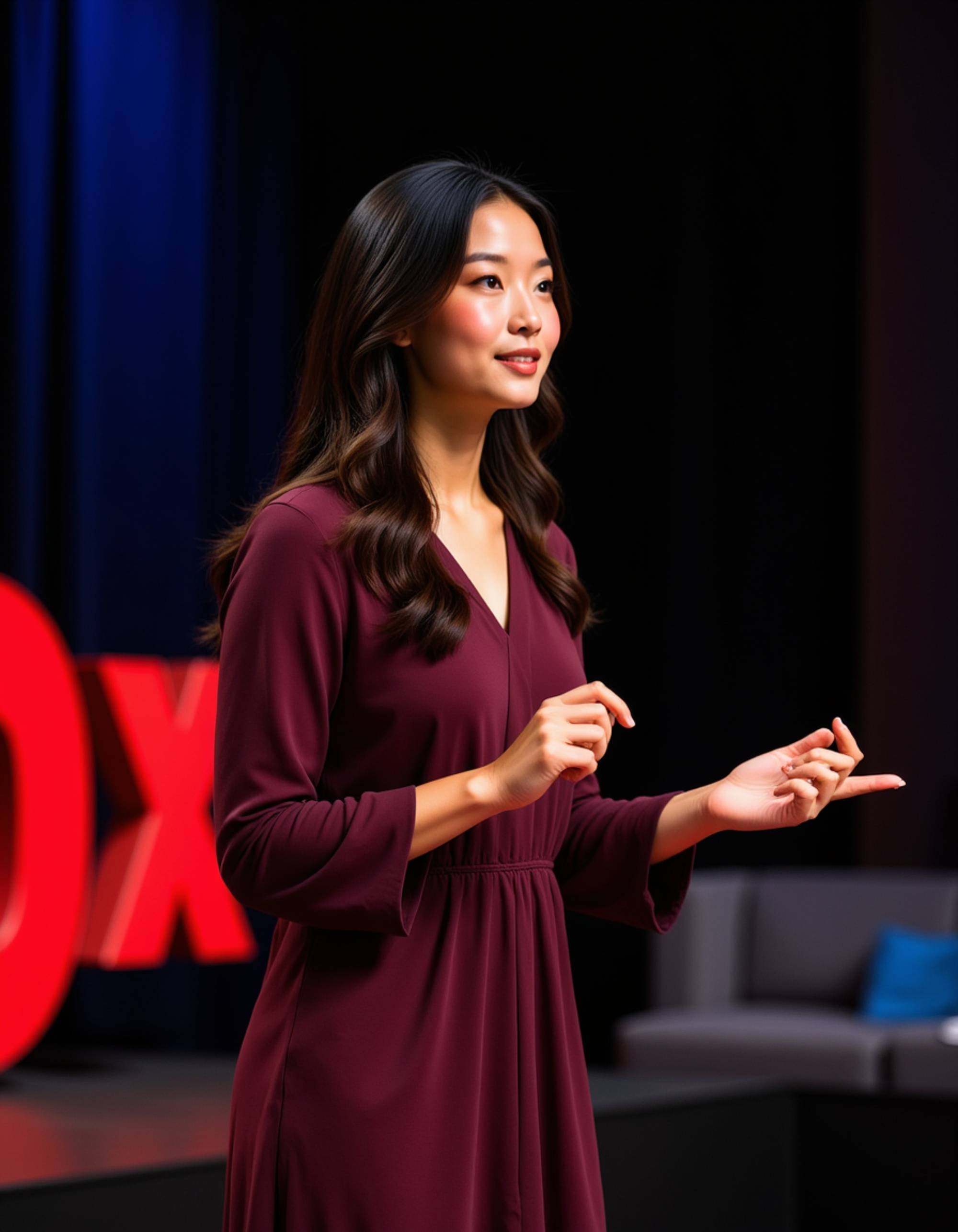 model as a TEDx keynote speaker in a flowing burgundy dress, delivering a powerful talk on a TEDx stage with dynamic digital visuals