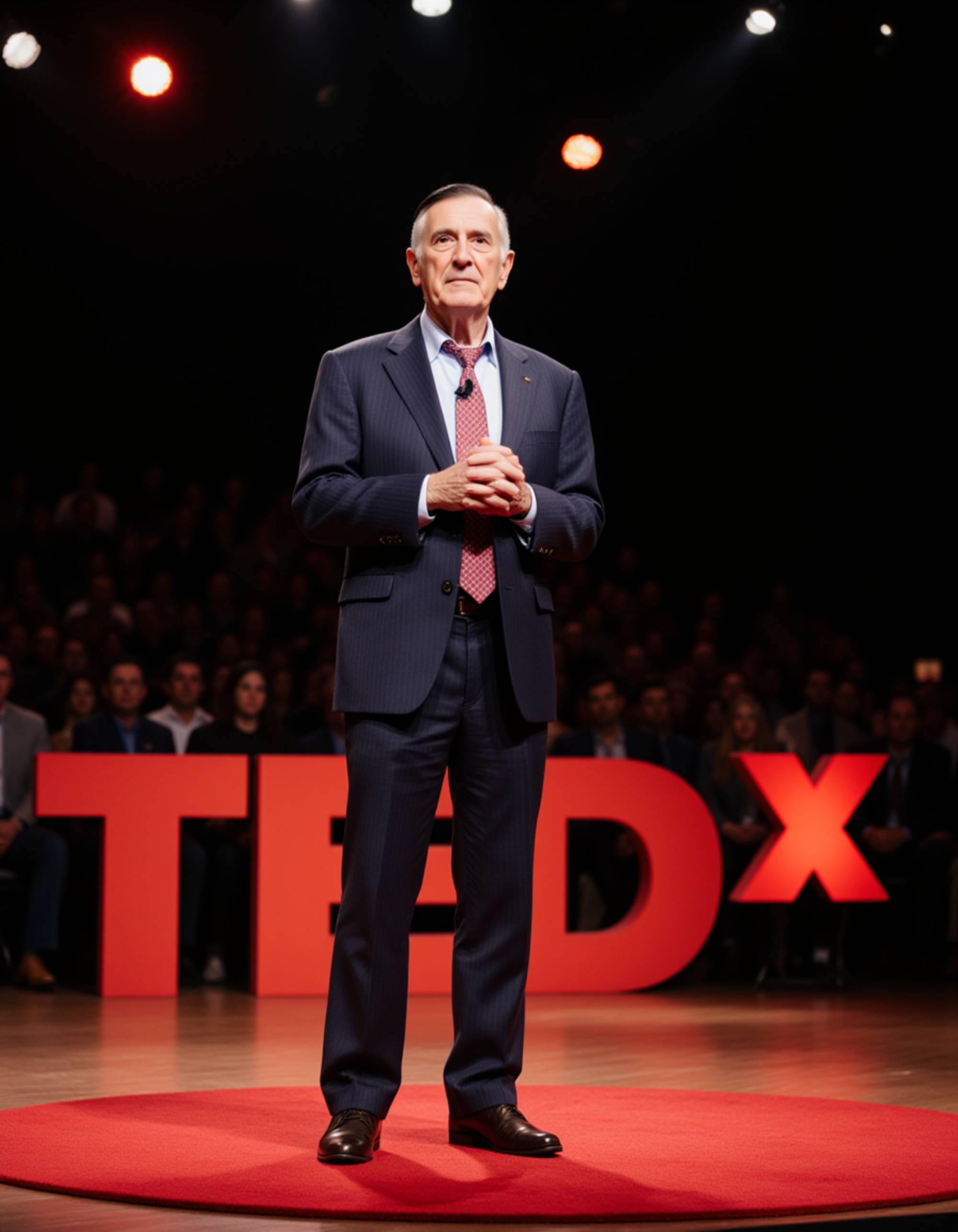 model as a TEDx keynote speaker in a tailored navy pinstripe suit, standing confidently on a red circular TEDx stage with vibrant lighting and an engaged audience