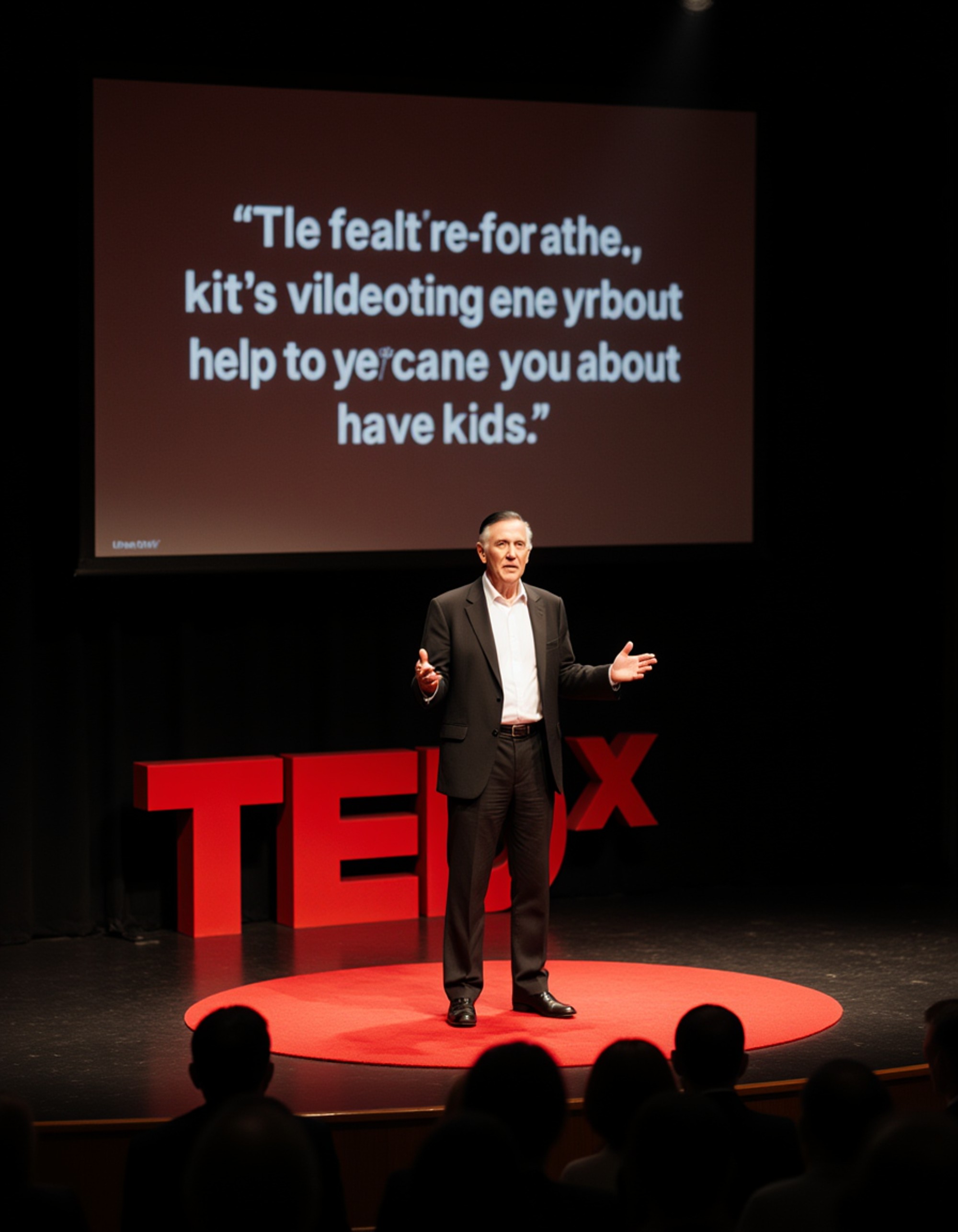 model as a TEDx keynote speaker in a sleek black blazer and open-collared shirt, presenting passionately on a TEDx stage with a bold motivational quote projected behind