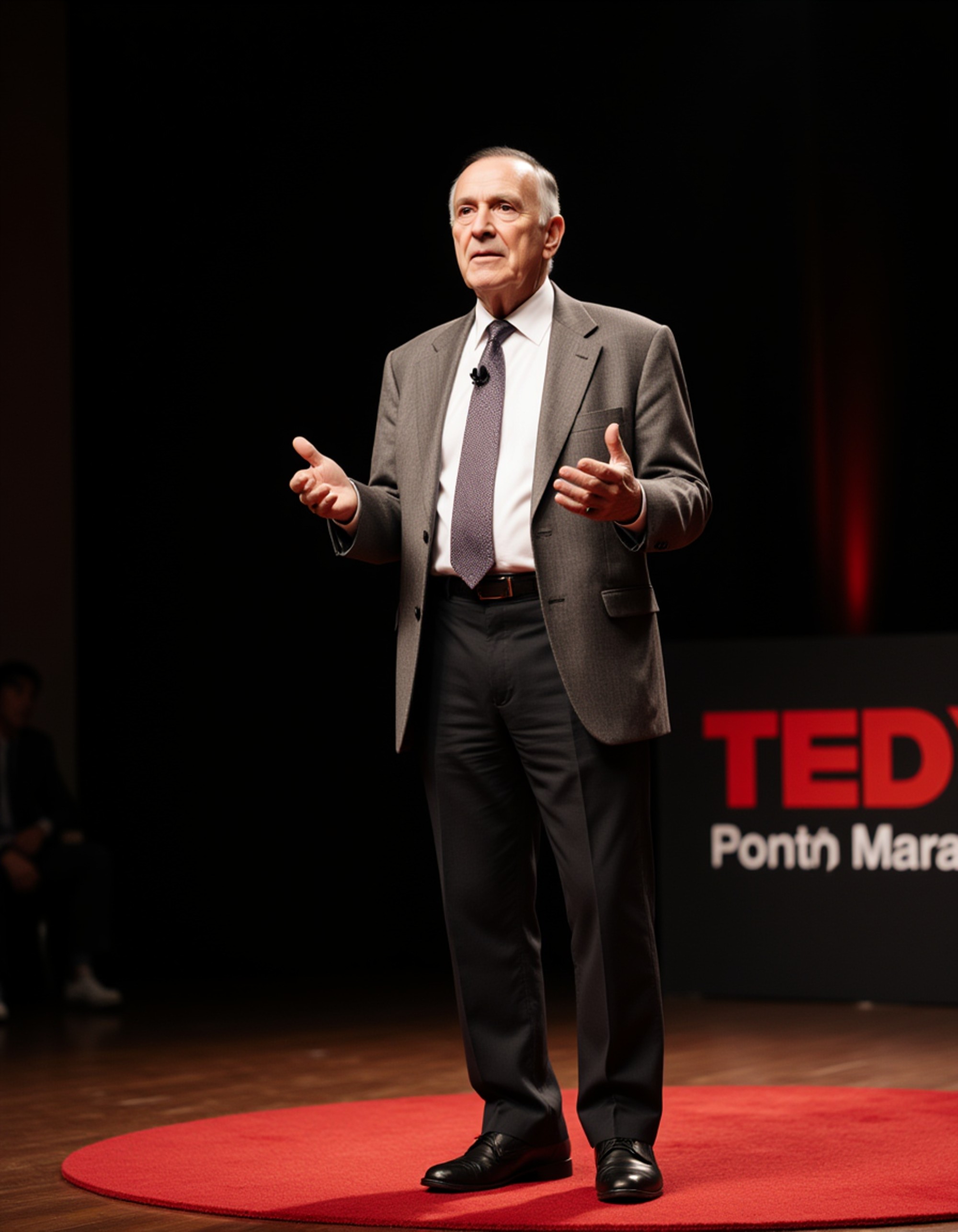 model as a TEDx keynote speaker in a fitted gray suit and tie, engaging the audience on a TEDx stage with warm spotlights and a minimalist red rug backdrop