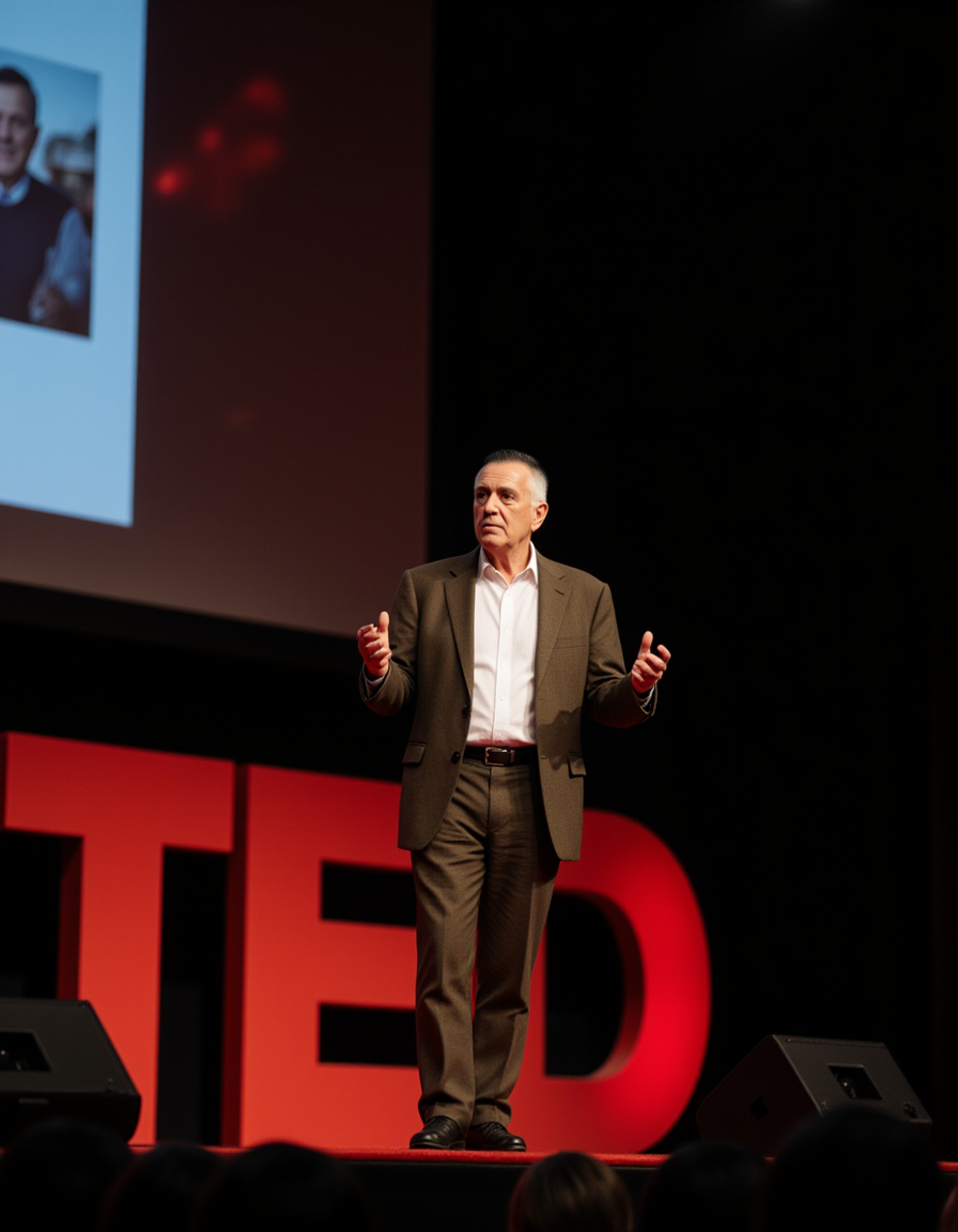 model as a TEDx keynote speaker in a stylish olive blazer and trousers, delivering a compelling talk on a TEDx stage with dynamic digital visuals