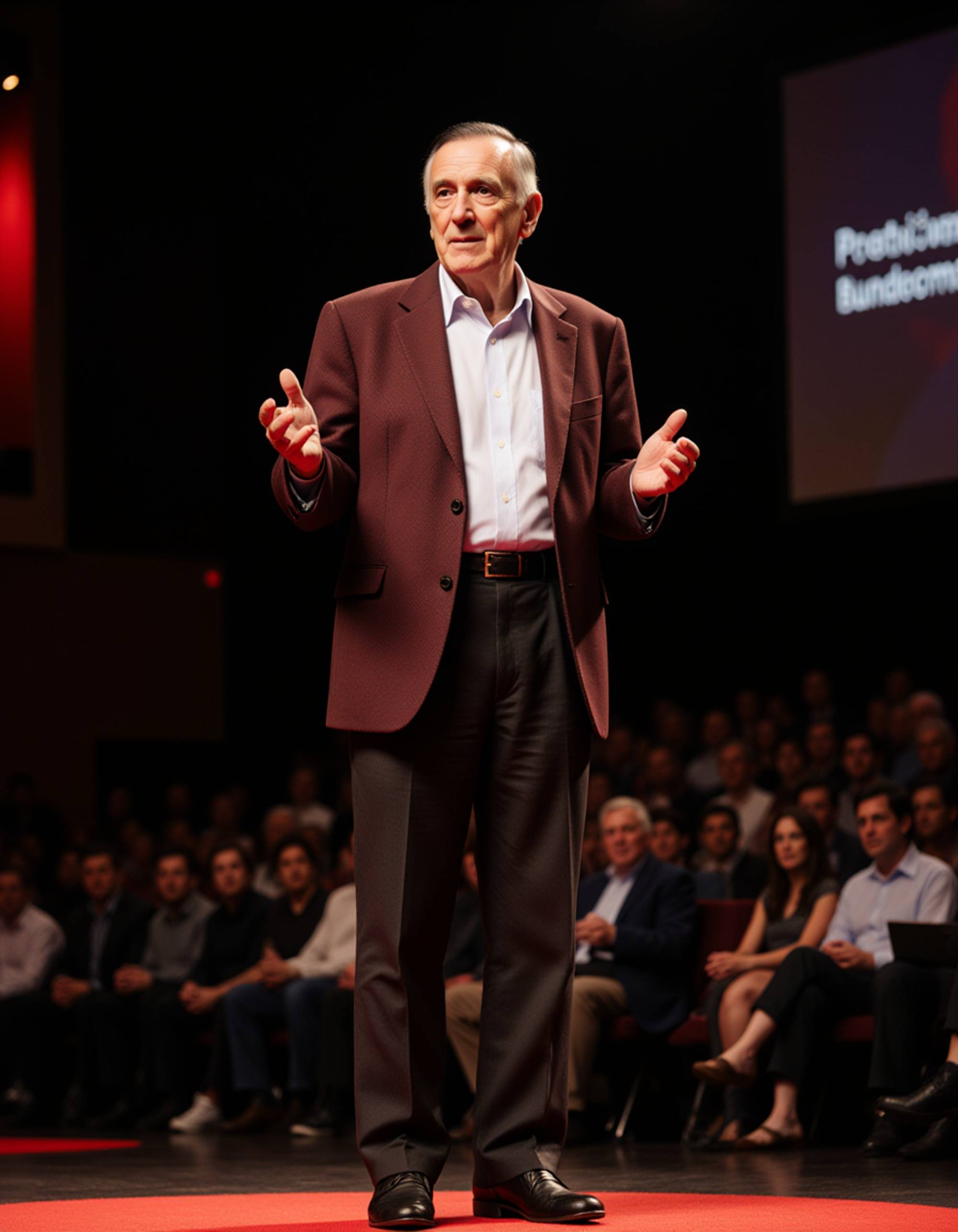 model as a TEDx keynote speaker in a tailored burgundy jacket and chinos, inspiring the crowd on a TEDx stage with modern decor and a thought-provoking slide display