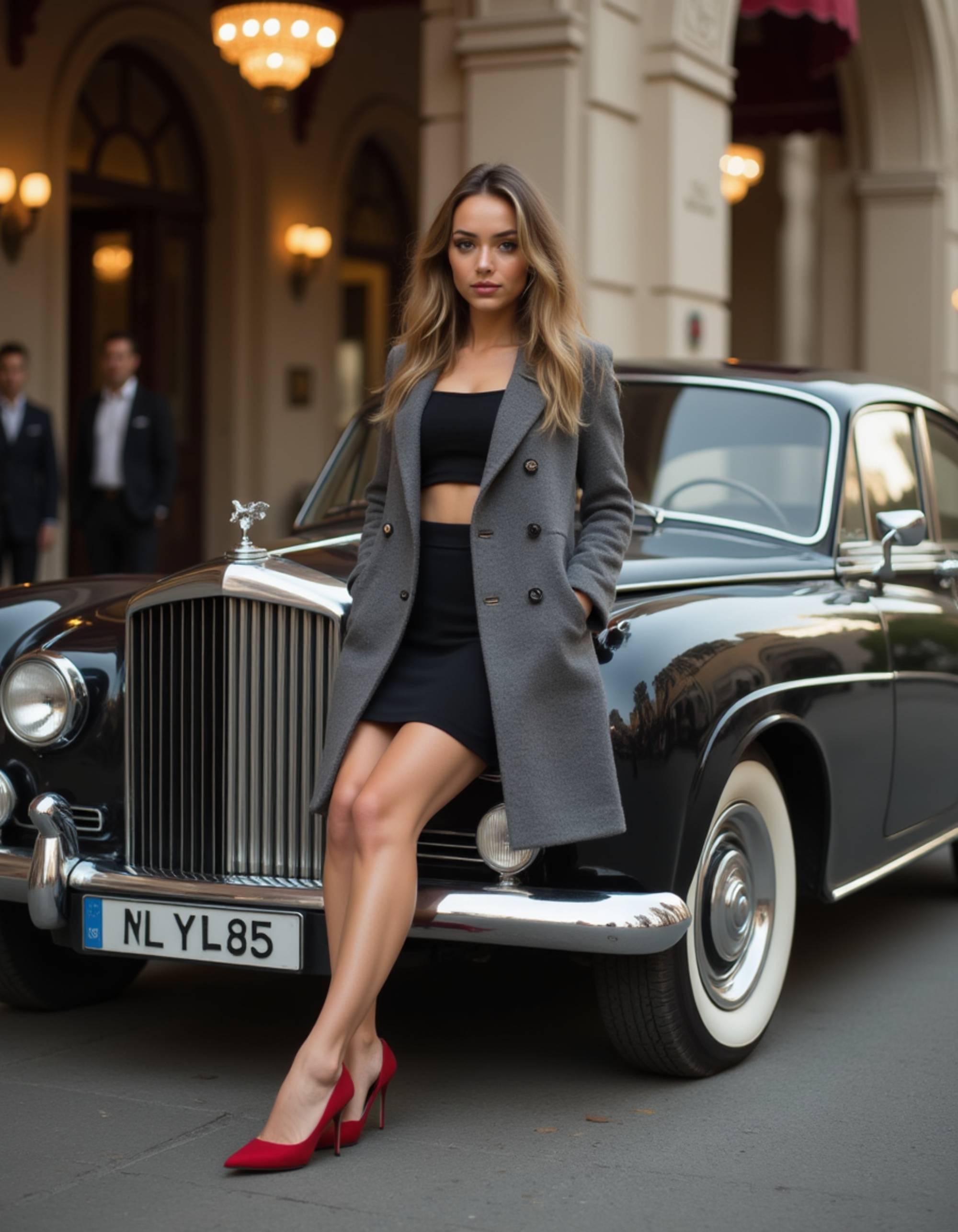 Full-body shot of a model in a tailored cashmere coat and stilettos, leaning against a vintage Bentley outside a grand hotel, with chandeliers and valets visible in the opulent background