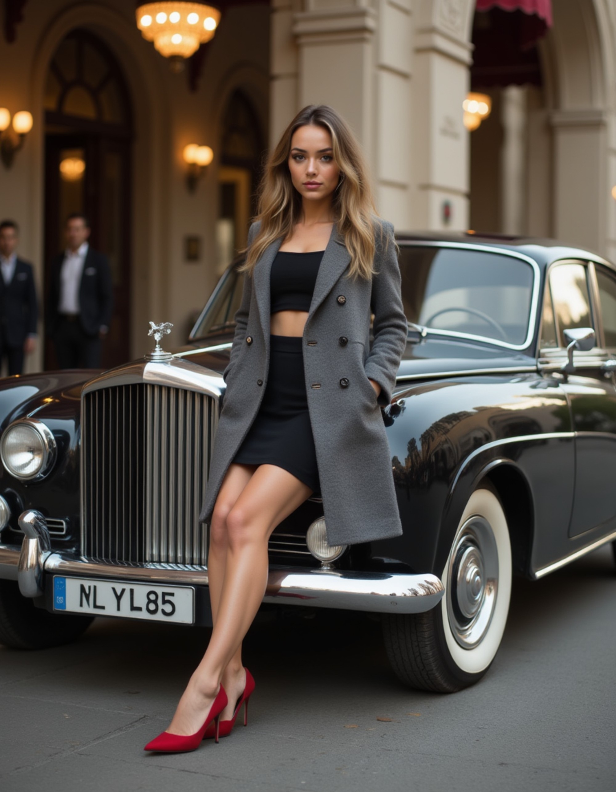 Full-body shot of a model in a tailored cashmere coat and stilettos, leaning against a vintage Bentley outside a grand hotel, with chandeliers and valets visible in the opulent background