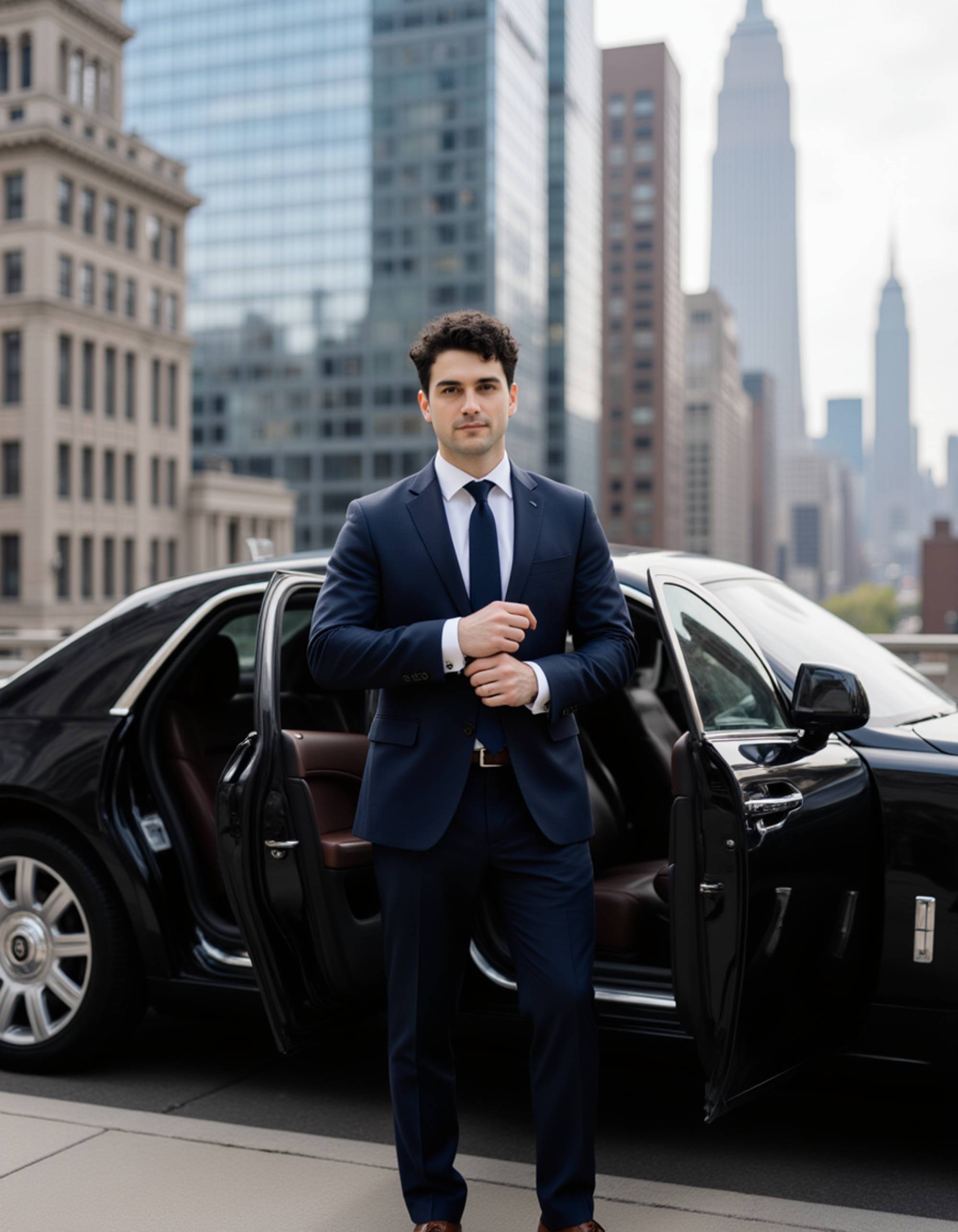 Full-body shot of a man in a tailored navy suit, stepping out of a black Rolls Royce parked in front of a modern glass skyscraper, adjusting his cufflinks confidently.