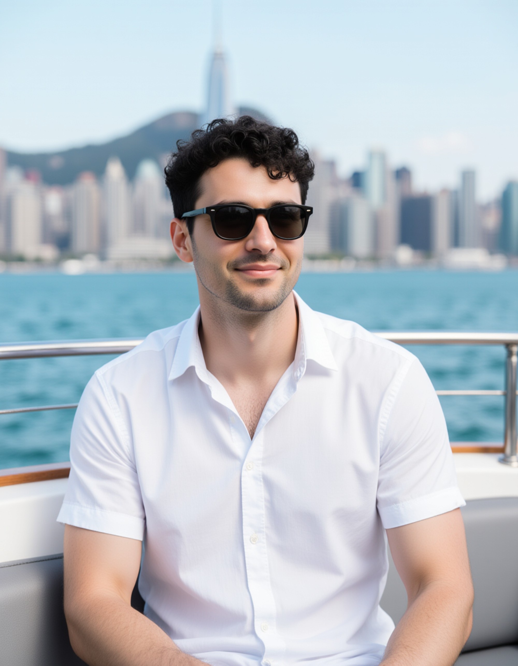man wearing a crisp white linen shirt and designer sunglasses, sitting casually on the deck of a luxury yacht, with the ocean and a modern city skyline in the background.
