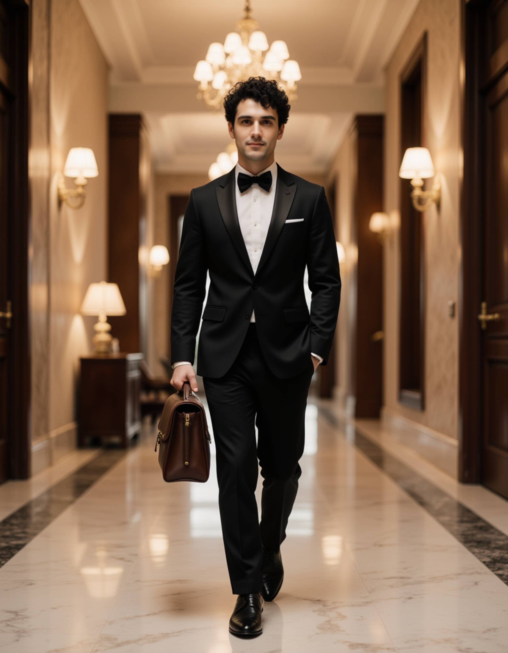 man in a stylish tuxedo walking through the lobby of an opulent five-star hotel, carrying a sleek leather briefcase, with chandeliers and marble floors enhancing the scene.