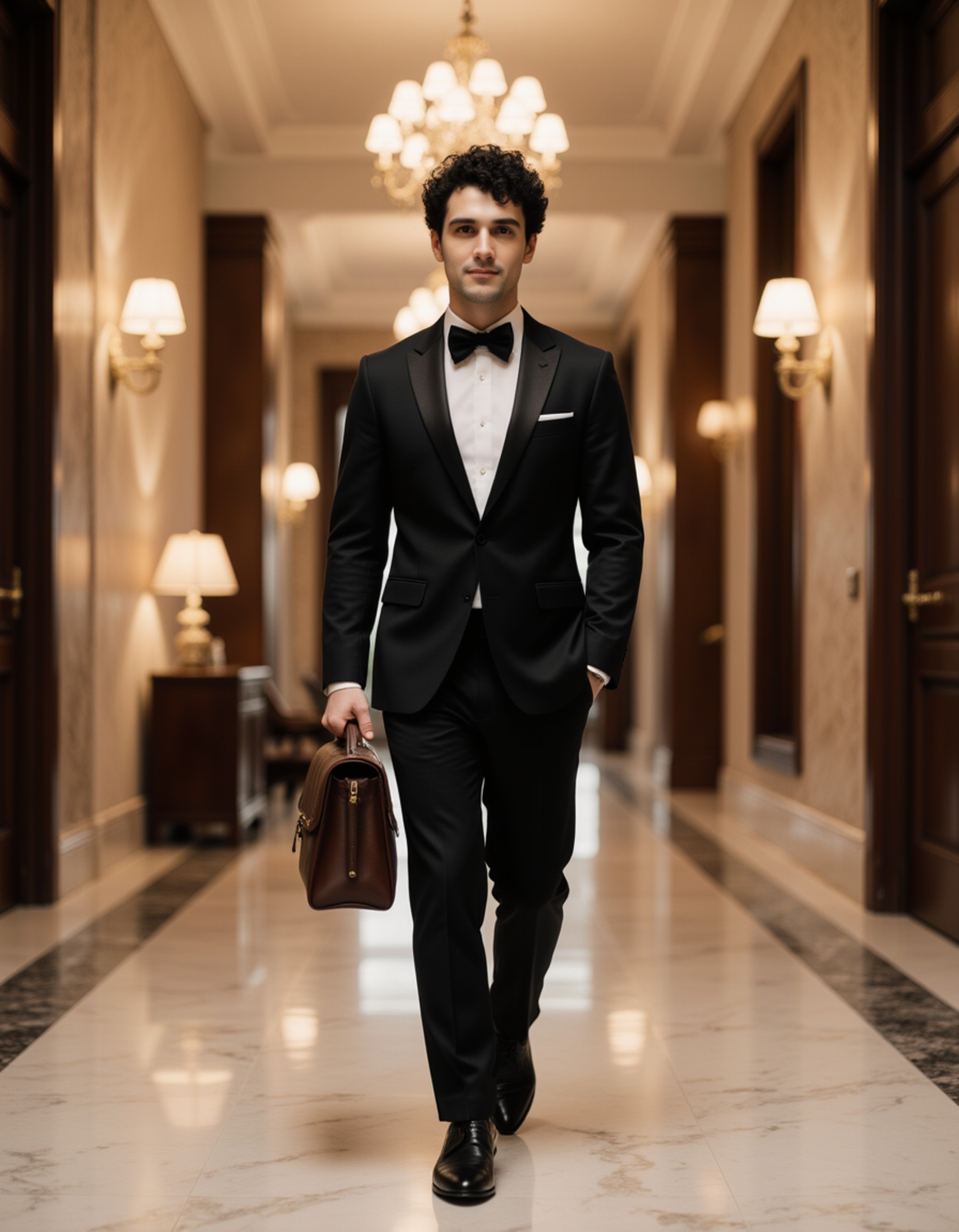 man in a stylish tuxedo walking through the lobby of an opulent five-star hotel, carrying a sleek leather briefcase, with chandeliers and marble floors enhancing the scene.