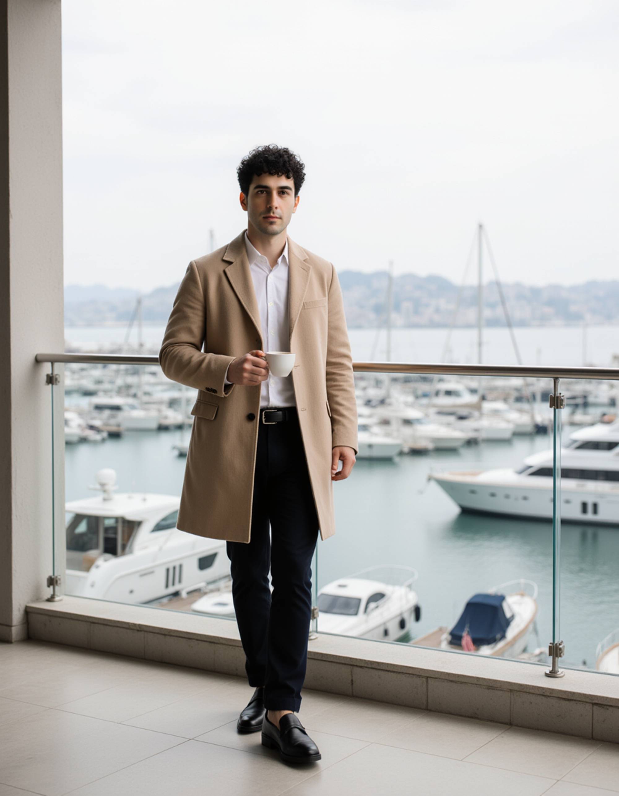 Full-body shot of a man in a beige cashmere coat and loafers, standing on a luxury balcony overlooking a marina filled with yachts, holding an espresso cup in one hand.