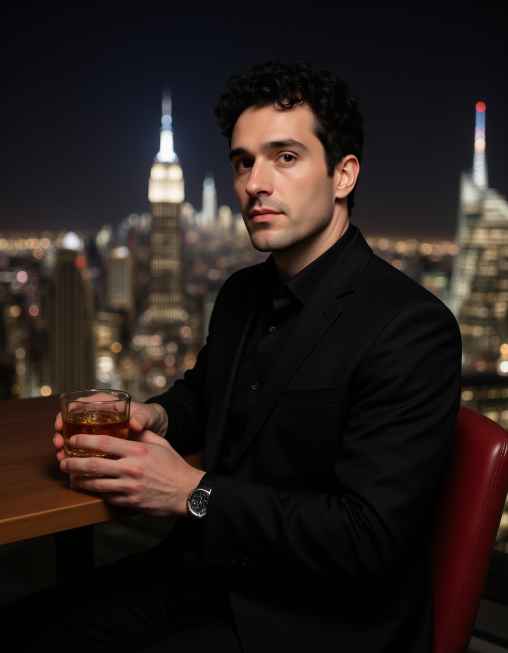 man in a fitted black suit sitting in a rooftop lounge, holding a glass of whiskey on the rocks, with a panoramic city skyline lit up at night in the background.