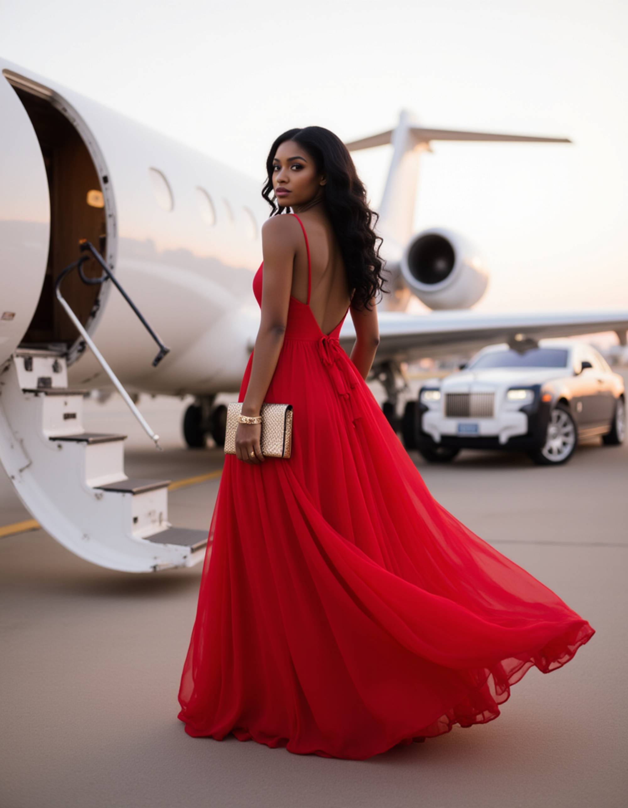 Full-body shot of a woman in a flowing red evening gown walking down the steps of a private jet, holding a designer clutch, with luxury cars waiting on the runway.