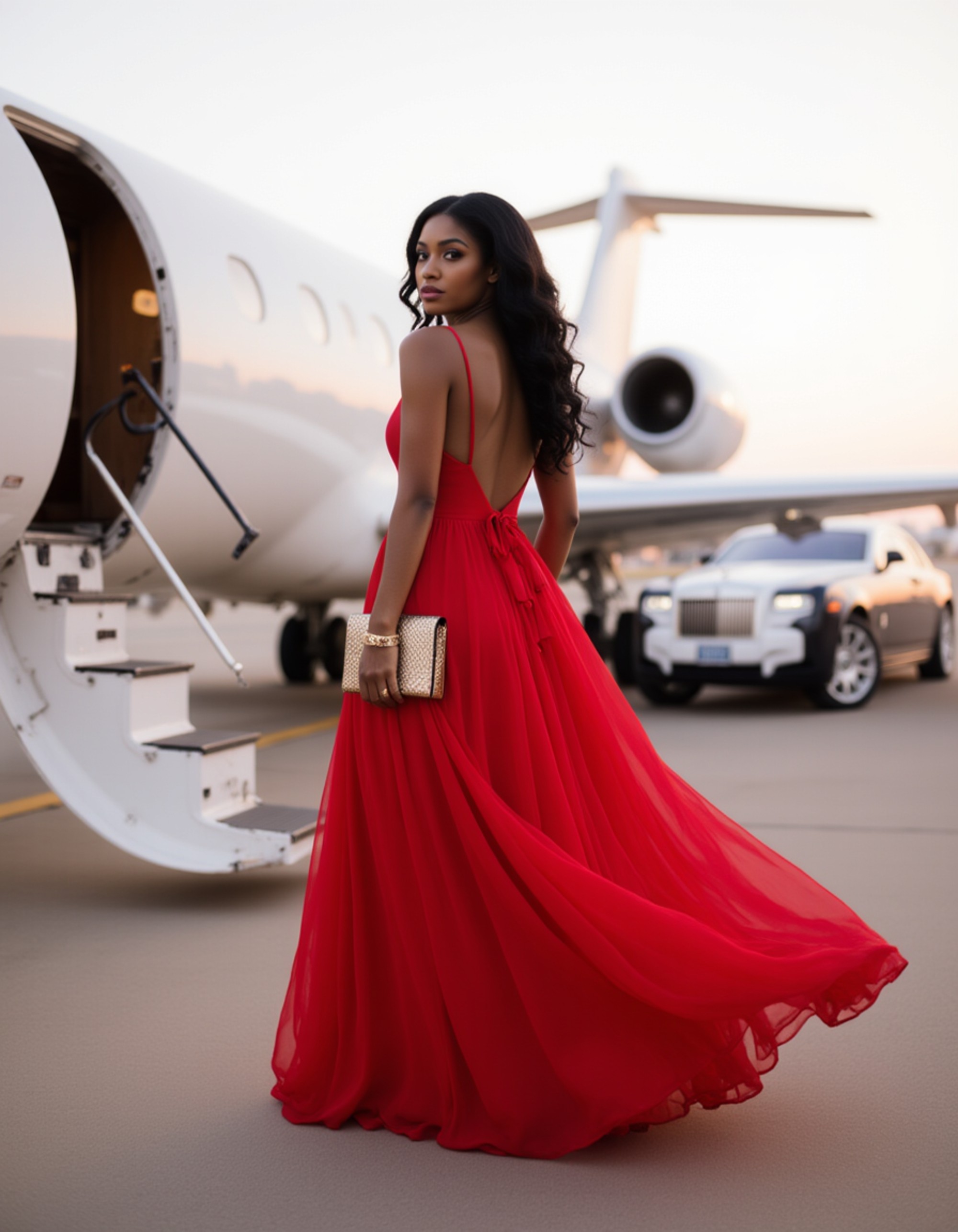 Full-body shot of a woman in a flowing red evening gown walking down the steps of a private jet, holding a designer clutch, with luxury cars waiting on the runway.
