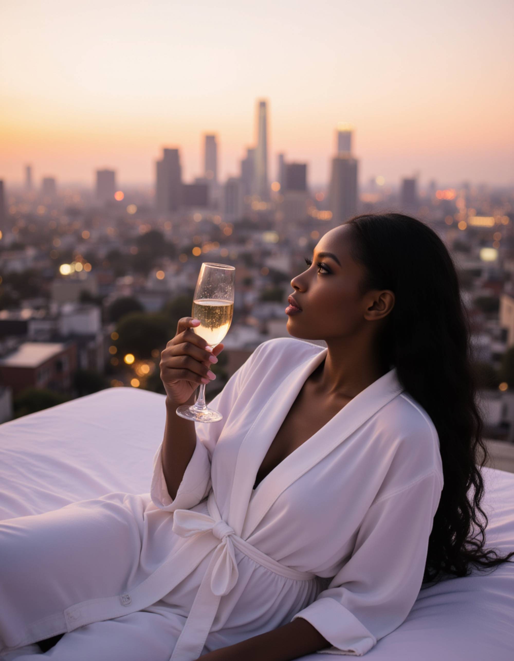 woman wearing a white silk robe lounging on a rooftop terrace, sipping champagne, with a panoramic view of a glittering modern city skyline at sunset.