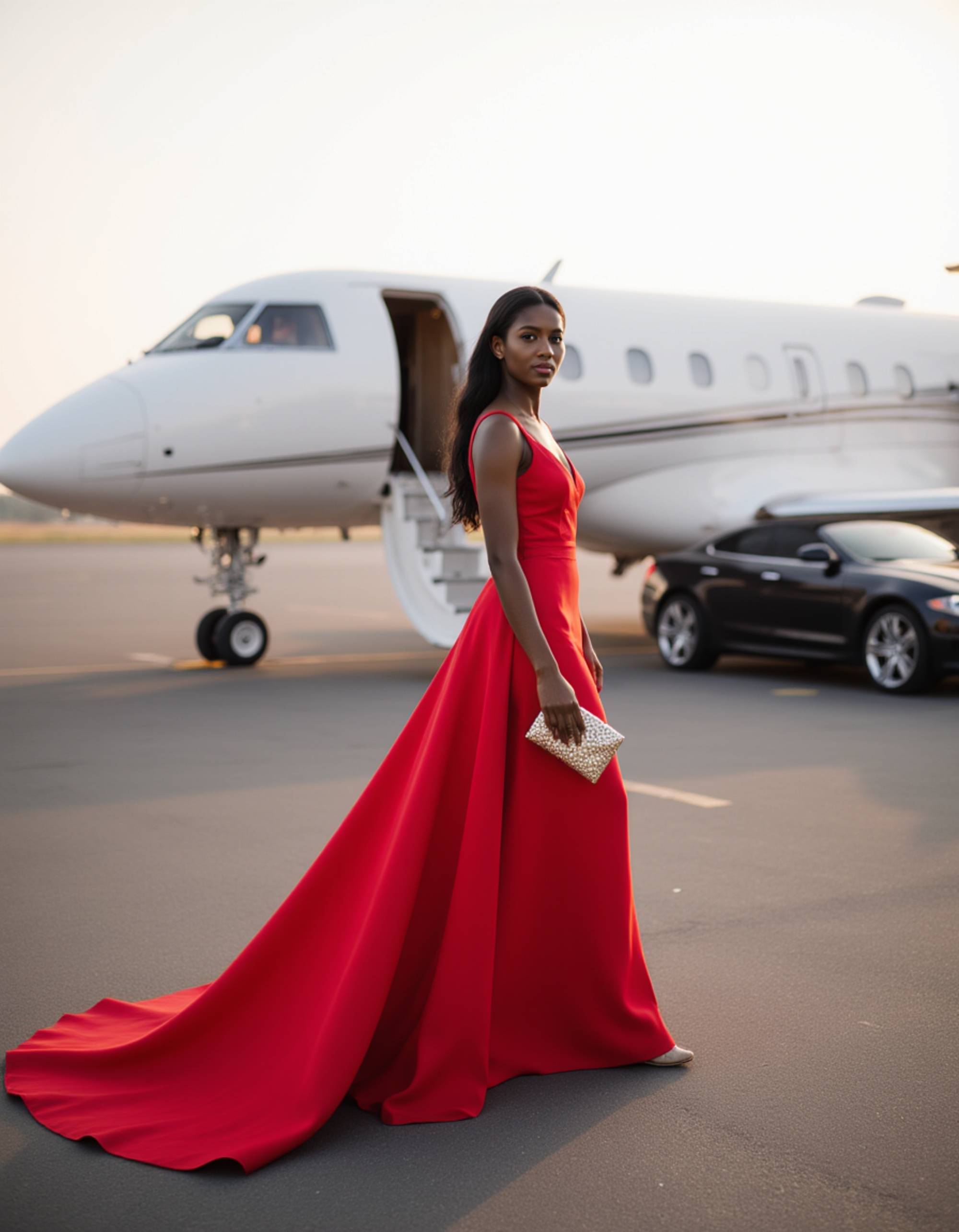 Full-body shot of a woman in a flowing red evening gown walking down the steps of a private jet, holding a designer clutch, with luxury cars waiting on the runway.