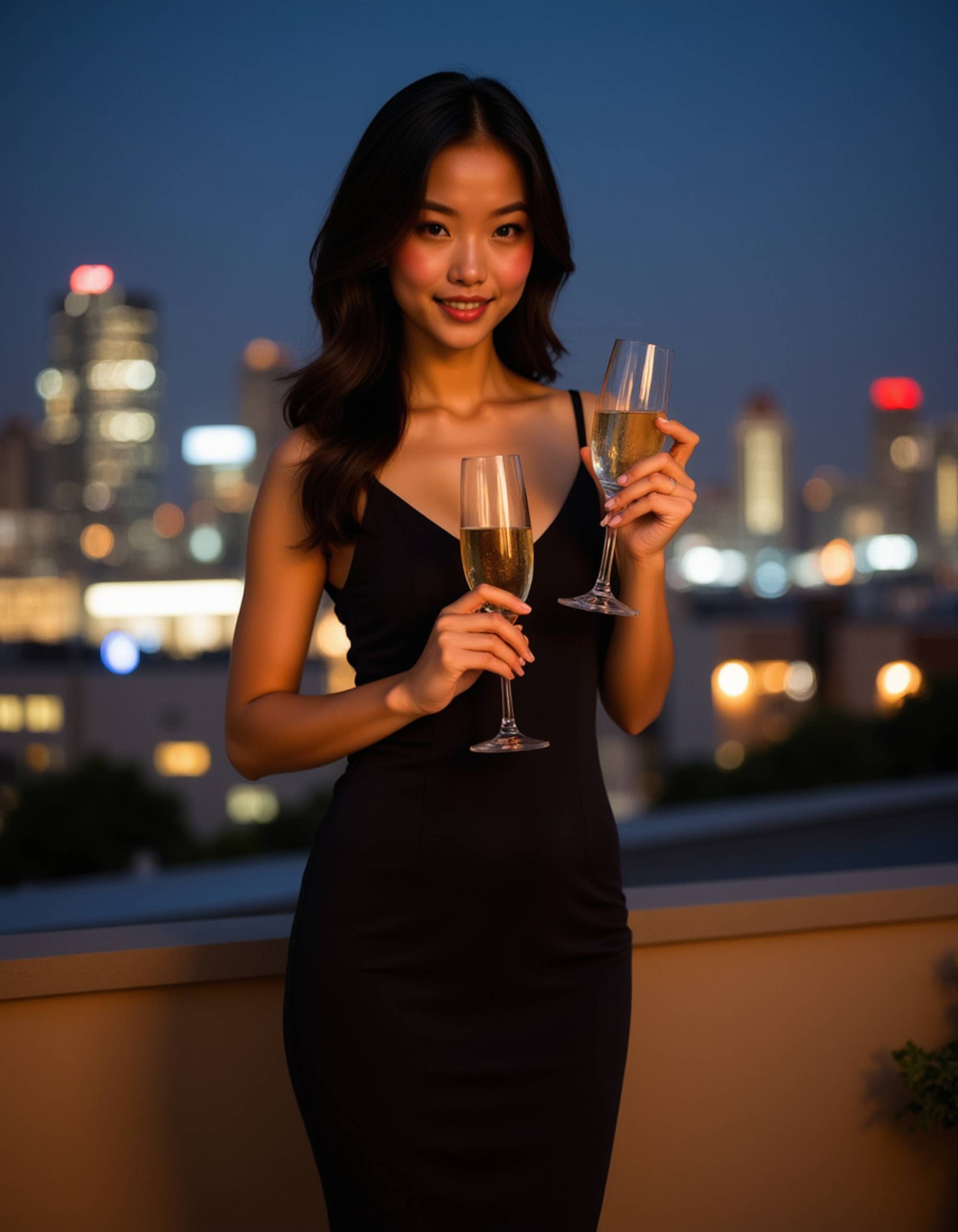 Full-body shot of a woman in a sleek black cocktail dress, standing on a rooftop lounge at night, holding a glass of champagne with a glowing city skyline behind her.
