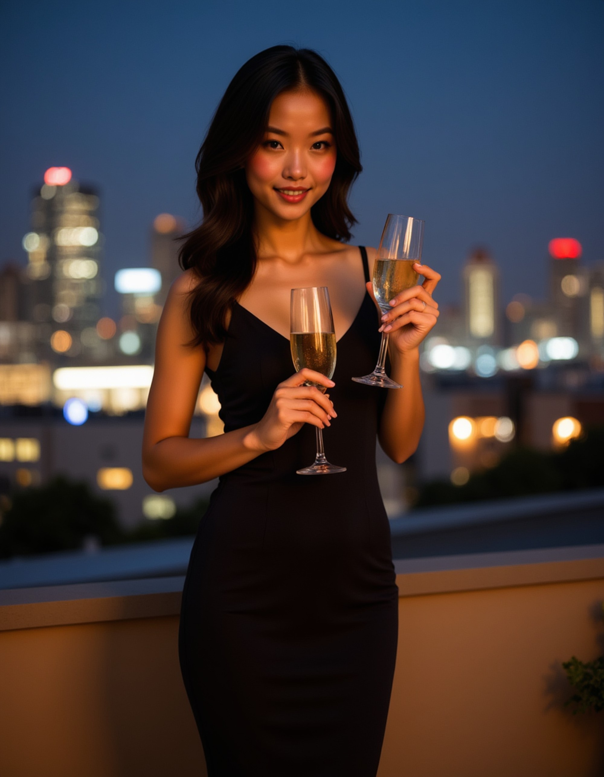 Full-body shot of a woman in a sleek black cocktail dress, standing on a rooftop lounge at night, holding a glass of champagne with a glowing city skyline behind her.