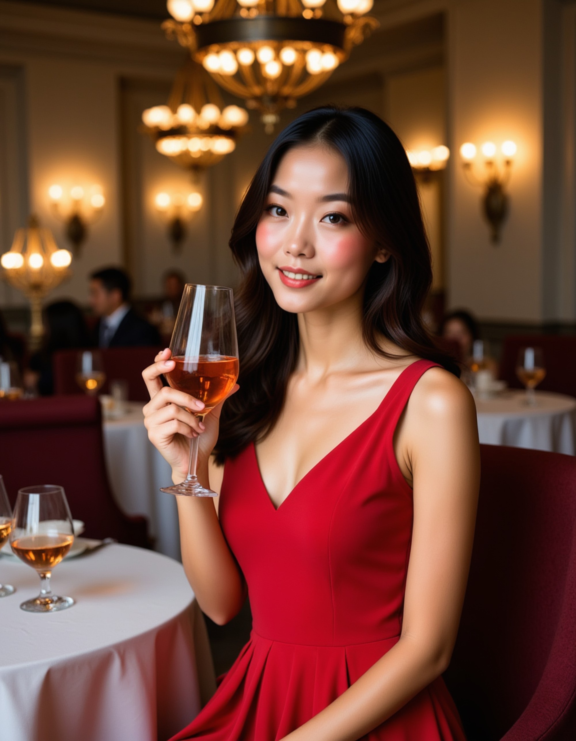 woman in an elegant red dress with diamond jewelry, seated in a luxury restaurant with chandeliers overhead and a glass of fine wine in hand.