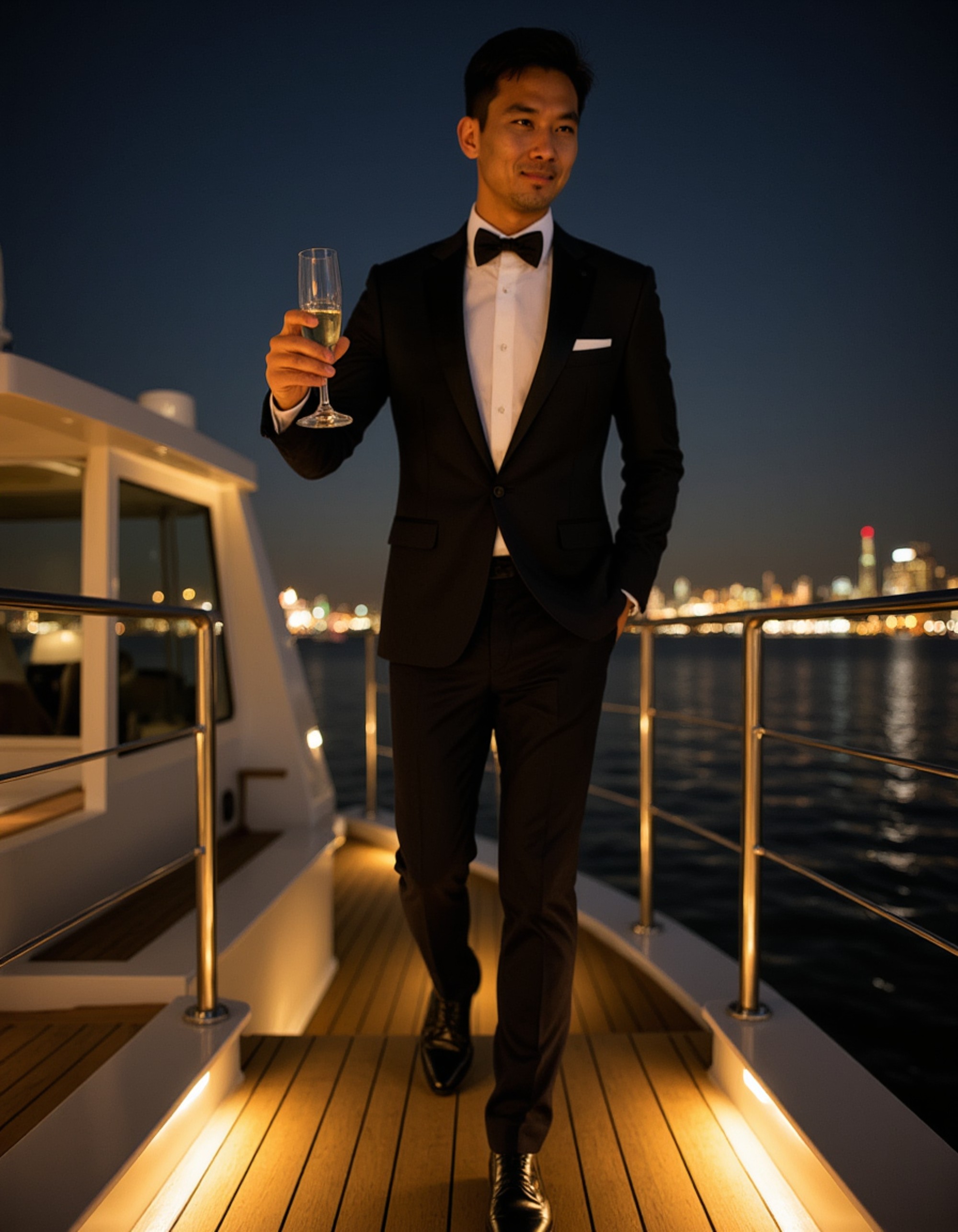 Full-body shot of a model in a tailored black tuxedo, stepping onto the deck of a luxury yacht at night, holding a glass of champagne with city lights reflecting on the water.
