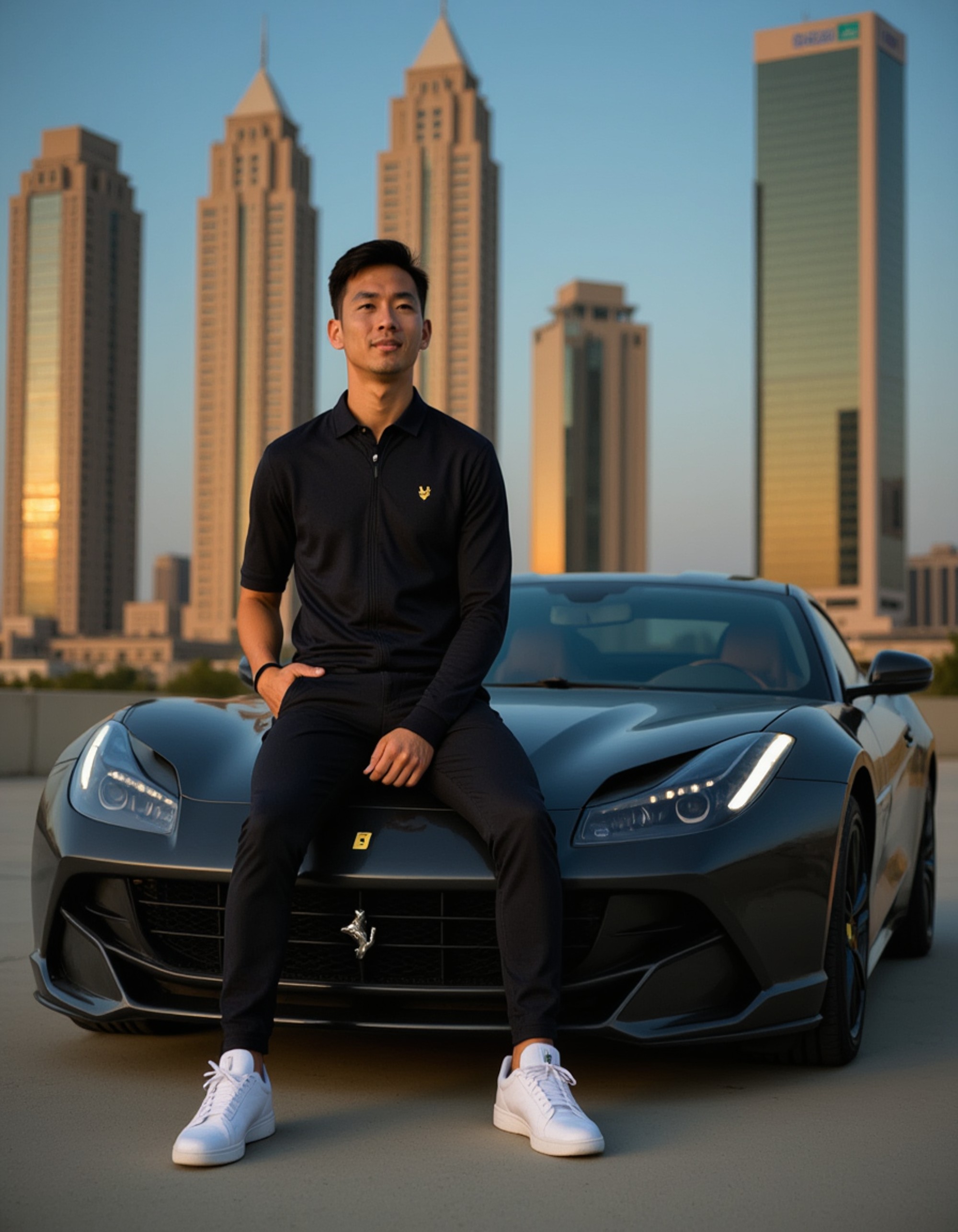 model in a designer tracksuit and luxury sneakers, sitting casually on the hood of a matte black Ferrari, skyscrapers glowing in the background.