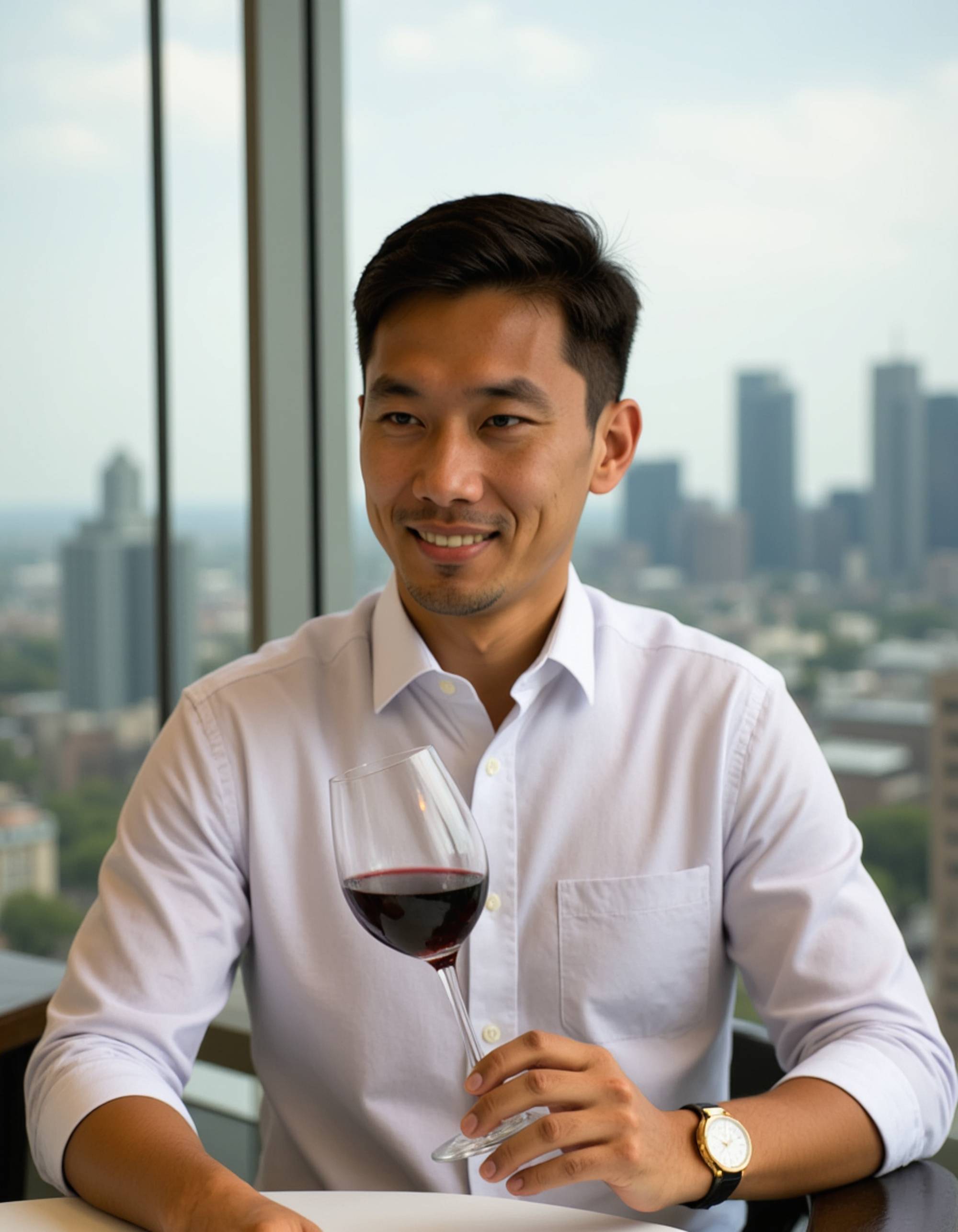 model wearing a crisp white shirt and gold watch, seated in a rooftop restaurant with a panoramic skyline, enjoying a glass of fine red wine.