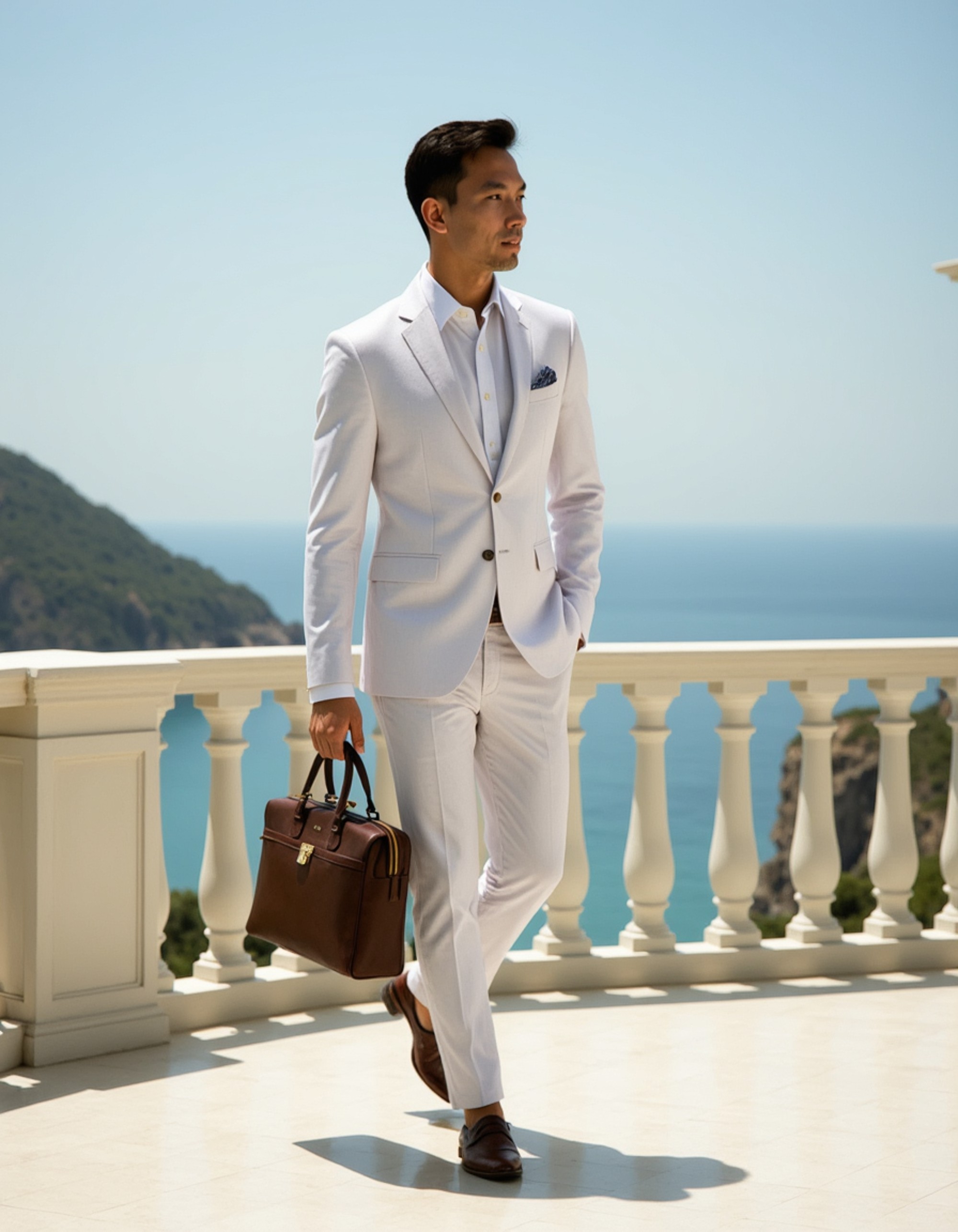 Full-body shot of a model in a linen suit walking along a marble terrace overlooking a Mediterranean coastline, holding a designer briefcase.
