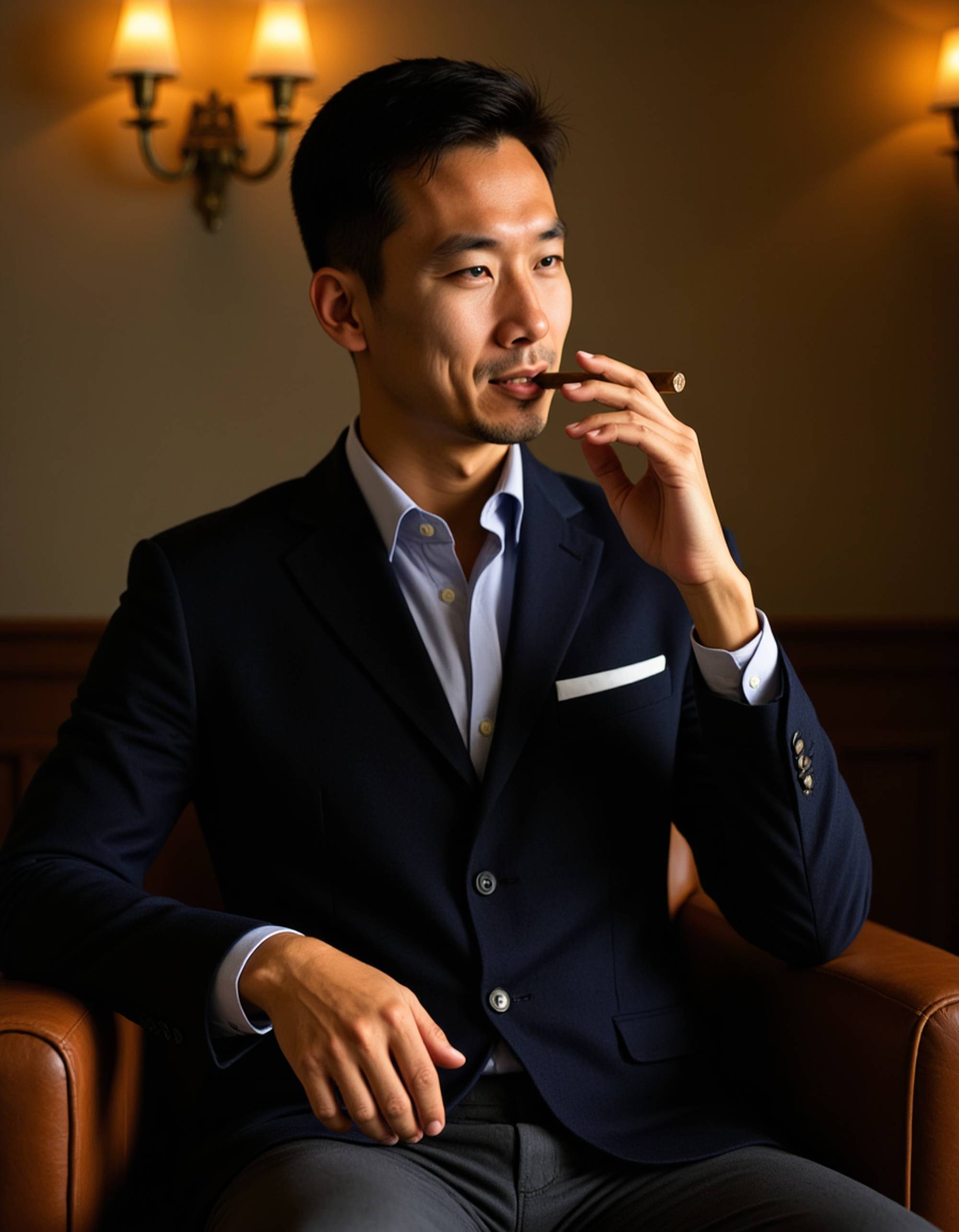 model in an exclusive cigar lounge, wearing a navy velvet blazer, smoking a cigar while seated in a leather armchair under warm golden lighting.