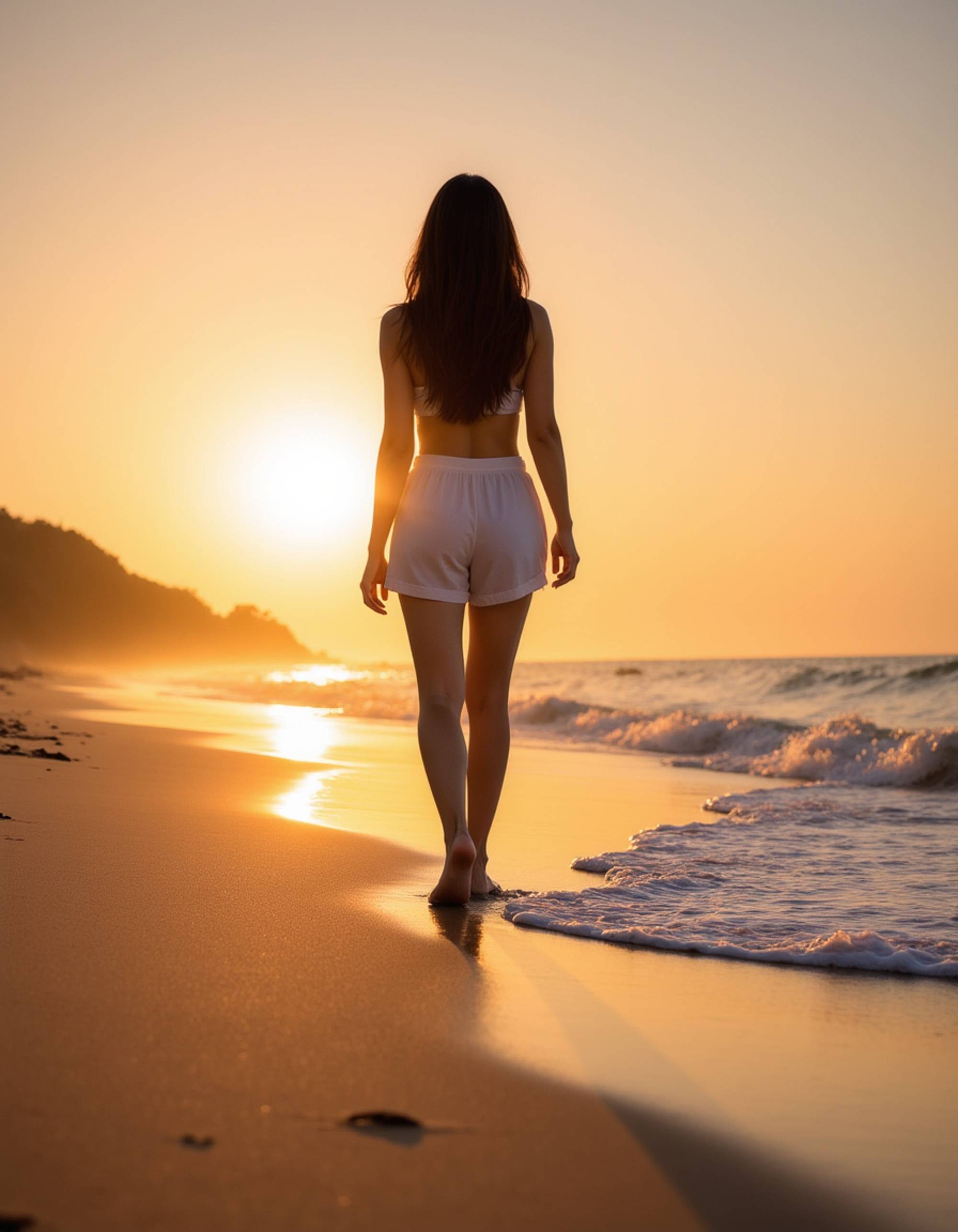 Model's bare feet walking on a sandy beach at sunset, with gentle waves lapping at the shore, also showing the bottom of feet.