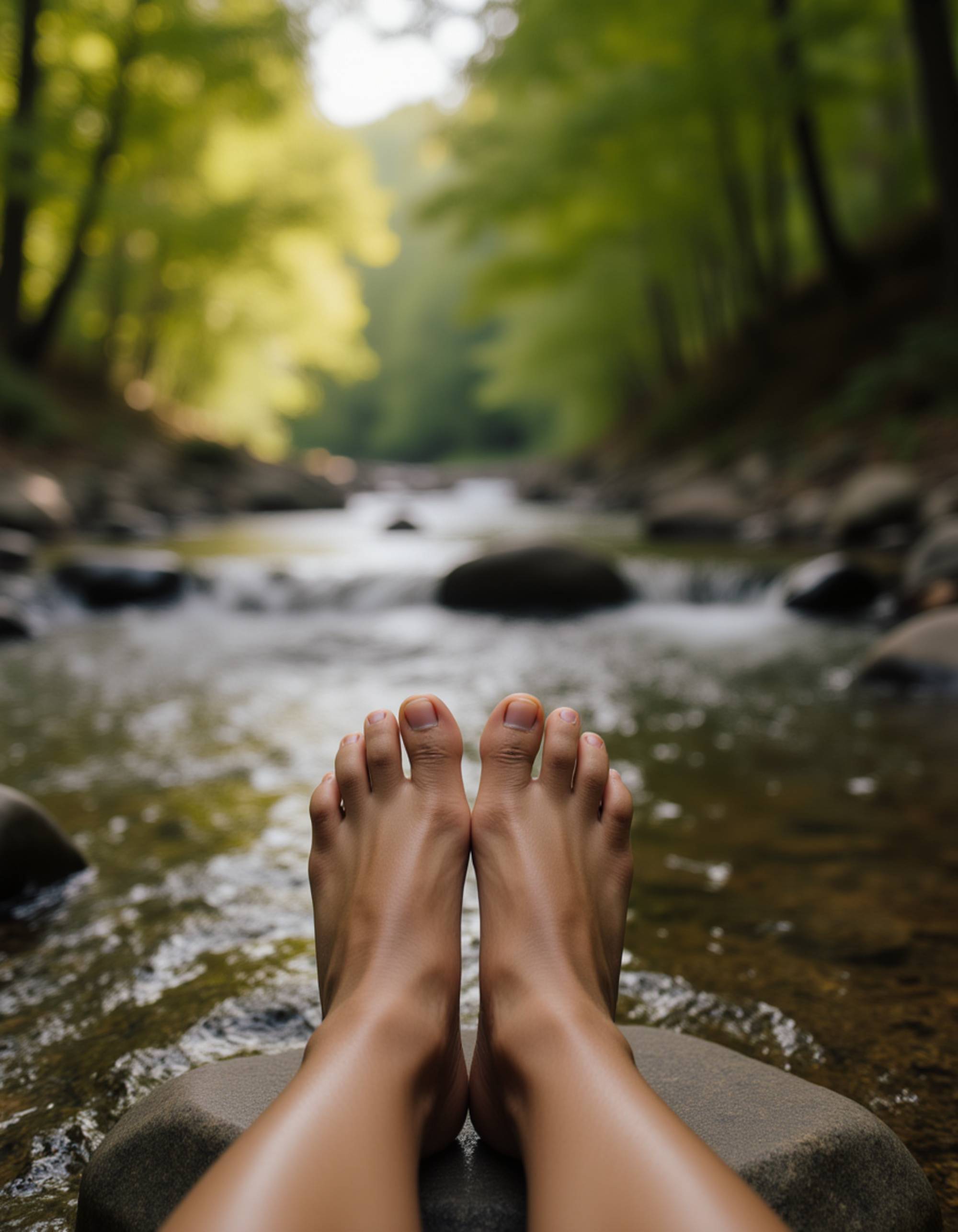 Model's bare feet resting on a smooth river rock, surrounded by a tranquil forest stream with dappled sunlight filtering through trees, also showing the bottom of feet.