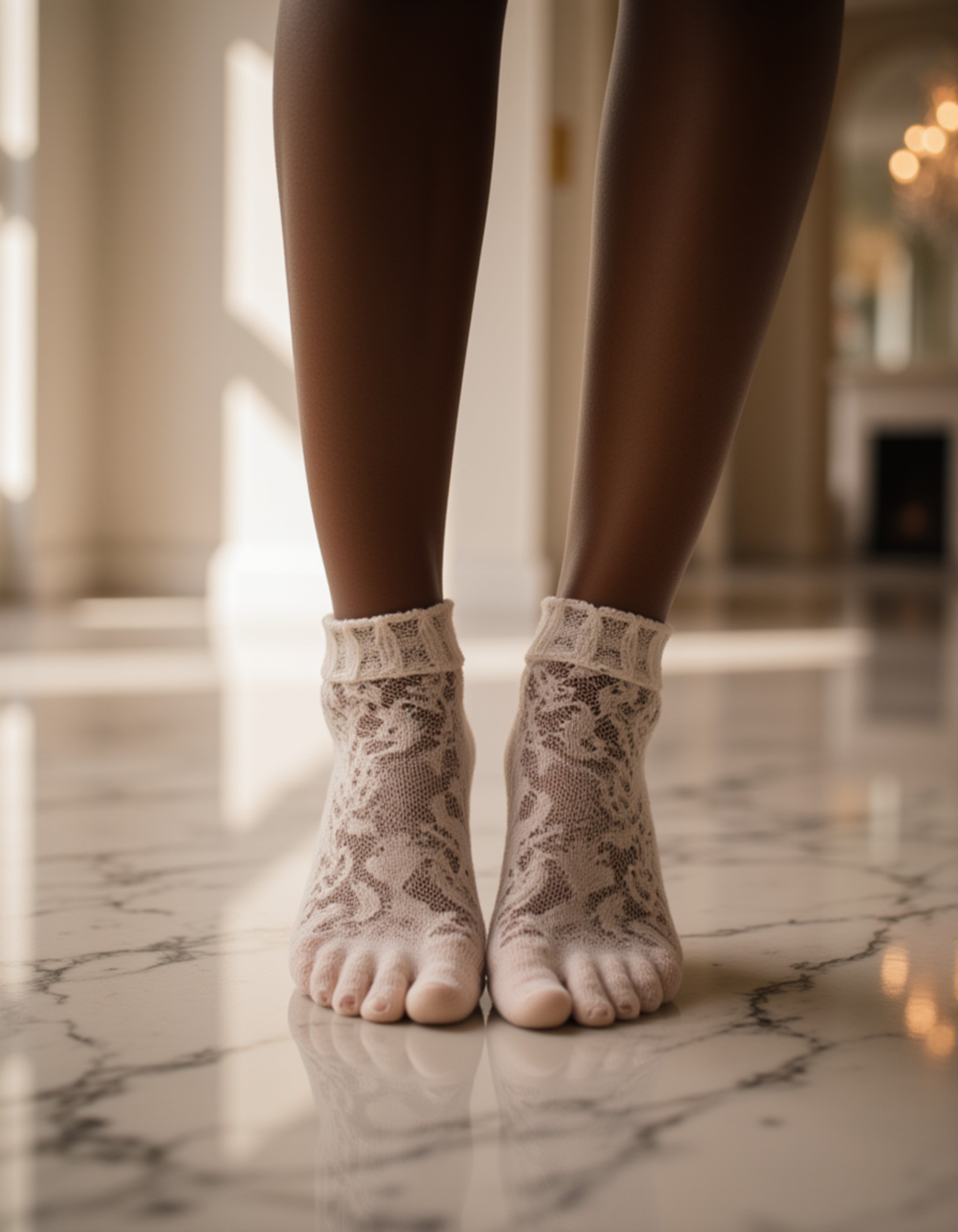 Close-up of model's feet in delicate lace socks, standing on a polished marble floor with a grand chandelier reflecting above, also showing the bottom of feet.